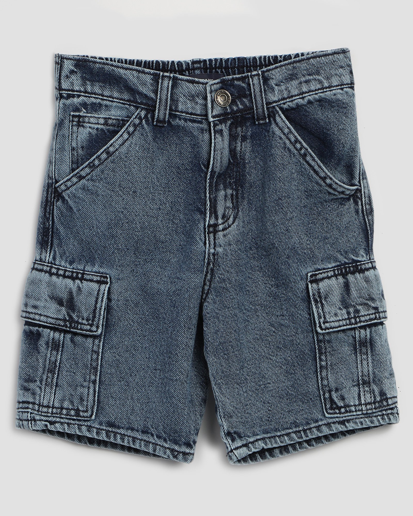 Bermuda jeans infantil de bolso cargo estonada 4-10A denim médio | Pool Kids