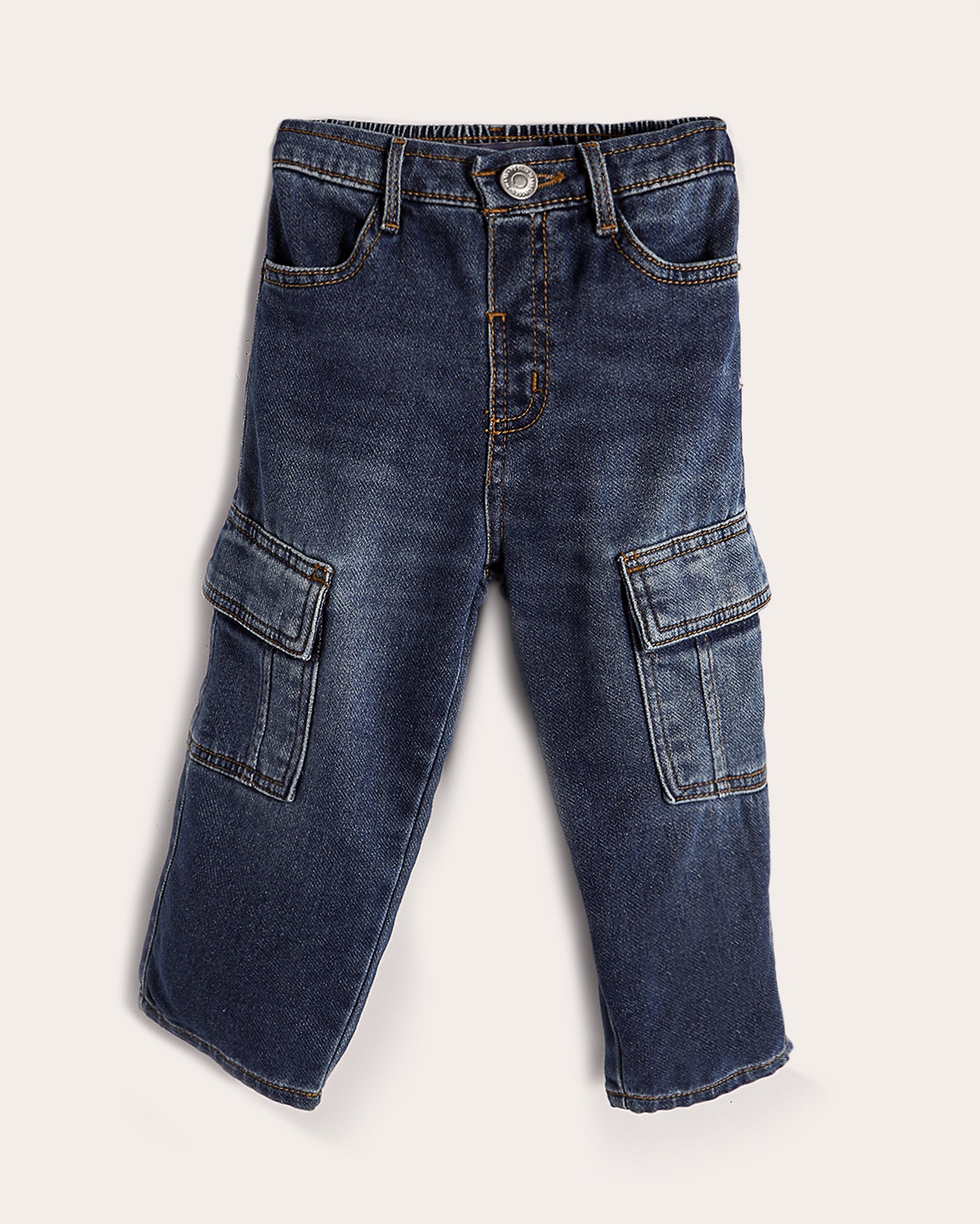 Calça jeans infantil baggy com bolsos cargo 1-4A denim escuro | Pool Kids