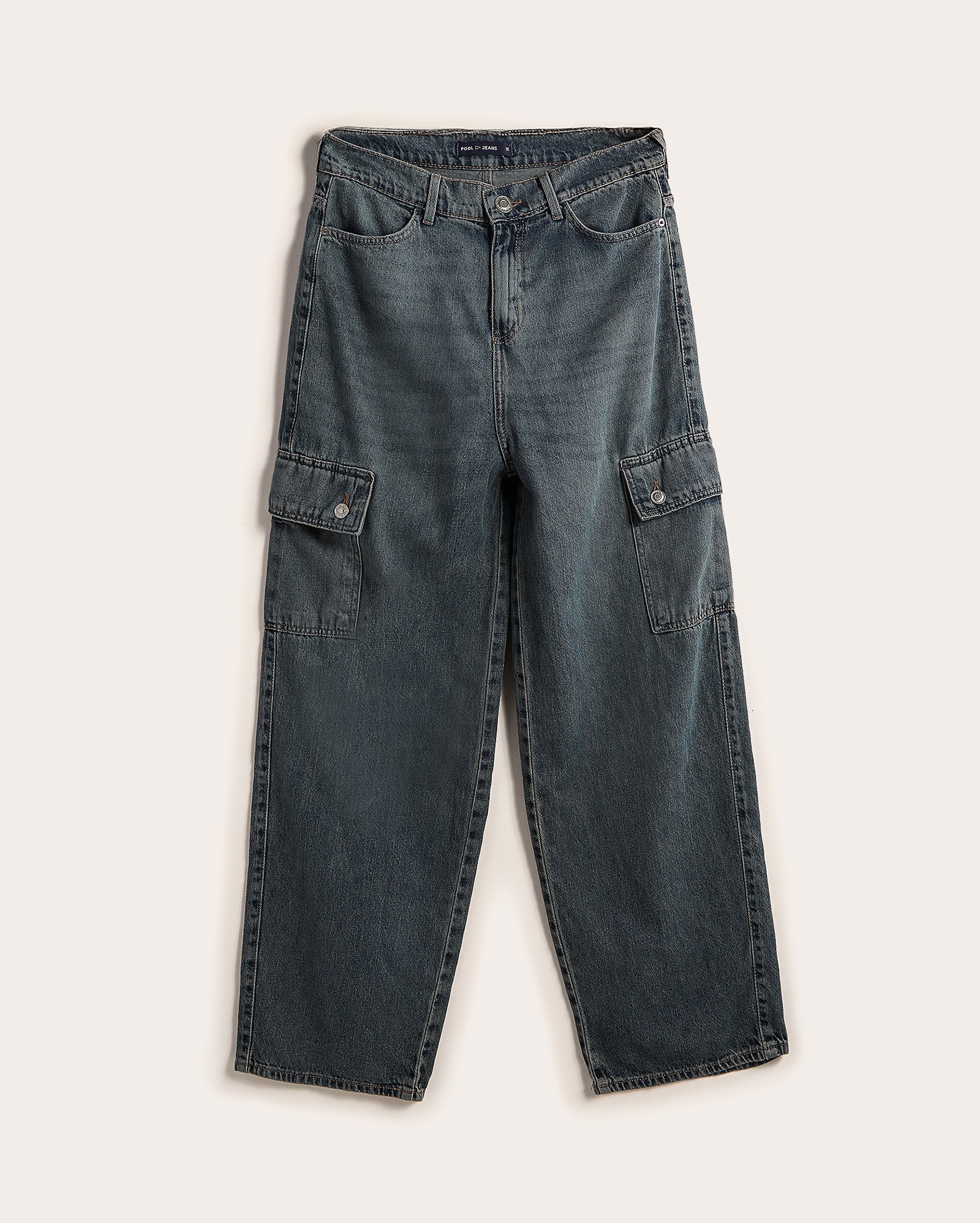 Calça jeans juvenil skater cargo estonada denim médio | Pool
