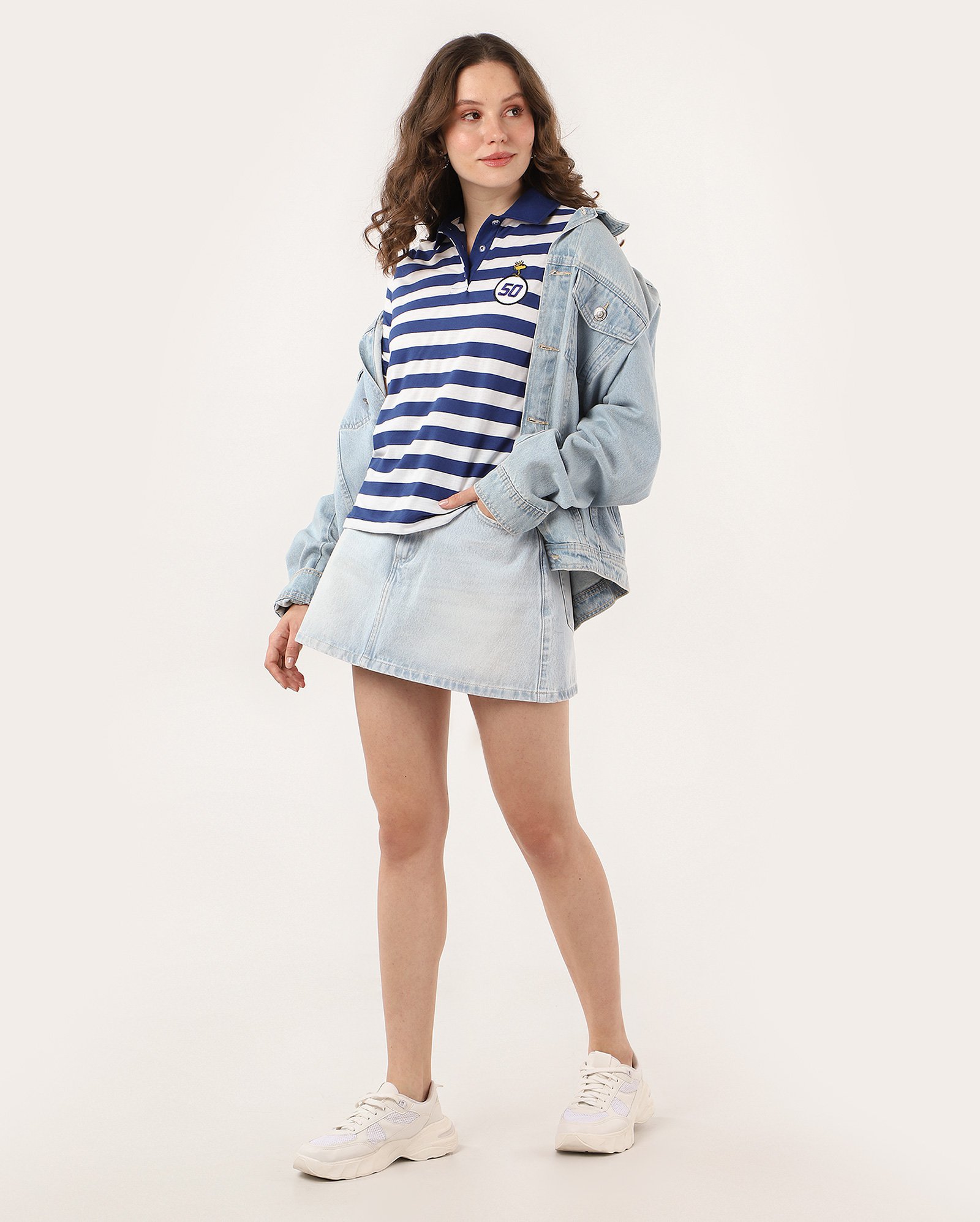Camisa polo feminina Woodstock Snoopy listrada azul | Peanuts