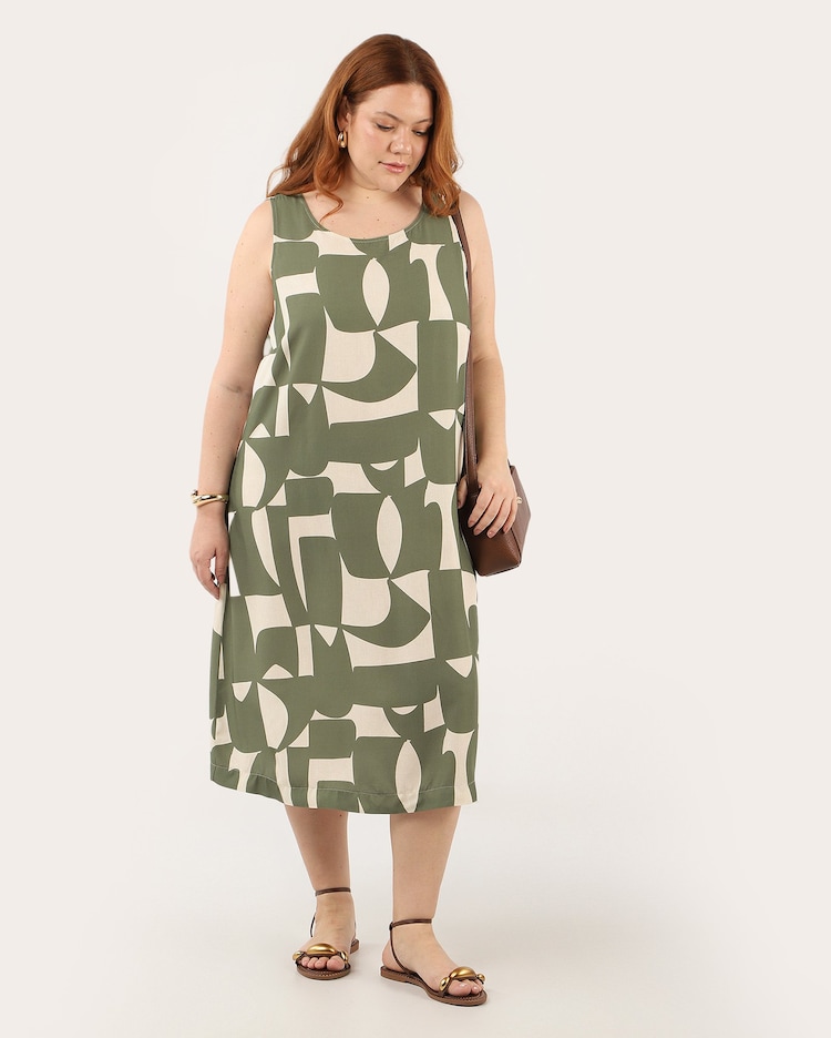Riachuelo Vestido midi plus size Lica trapézio abstrato verde