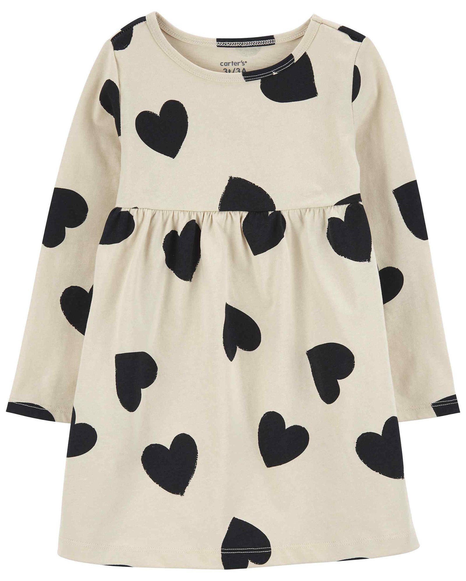 Vestido infantil com manga longa corações bege | Carter's