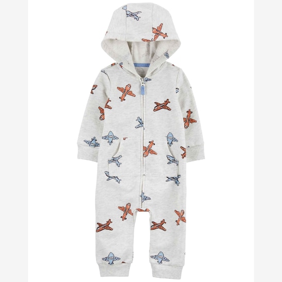 Macacão bebê com capuz e bolso aviões mescla cinza | Carter's