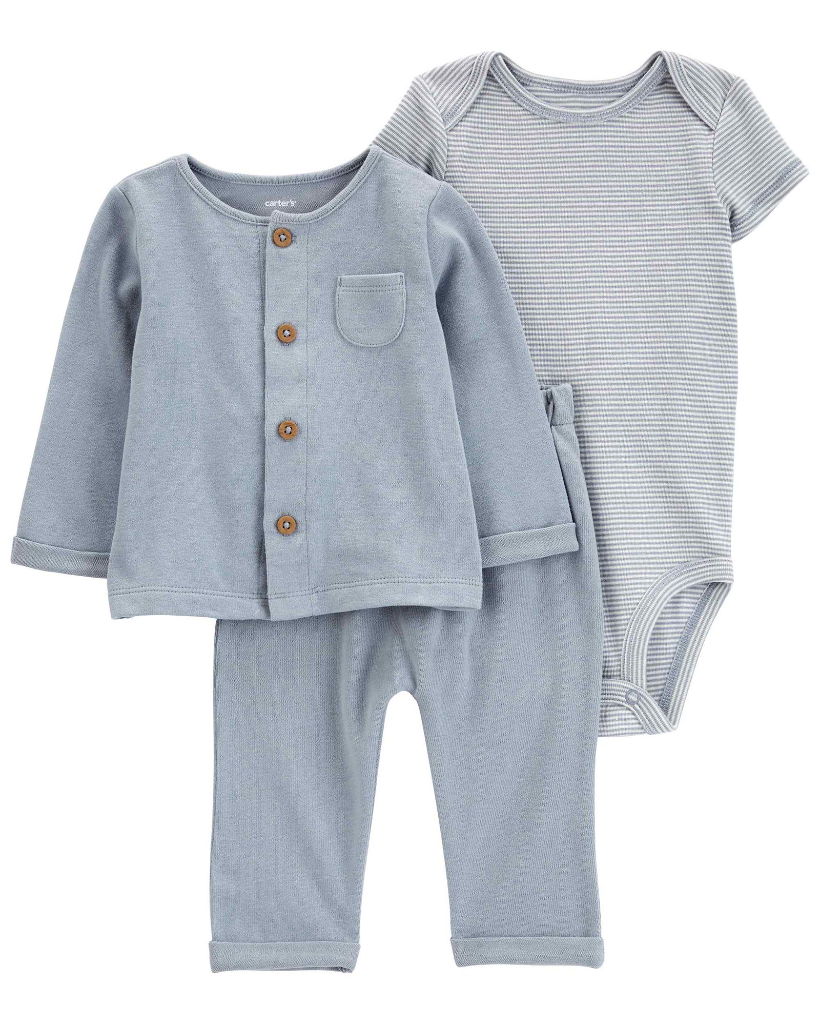 Conjunto longo bebê 3 peças listrado com bolso multicor | Carter's