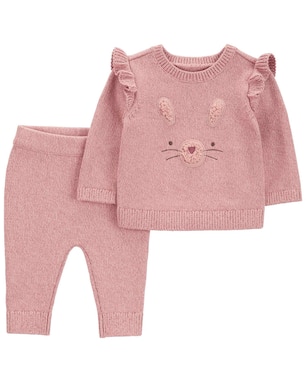 Conjunto longo bebê 2 peças de tricot babados bichinho rosa | Carter's