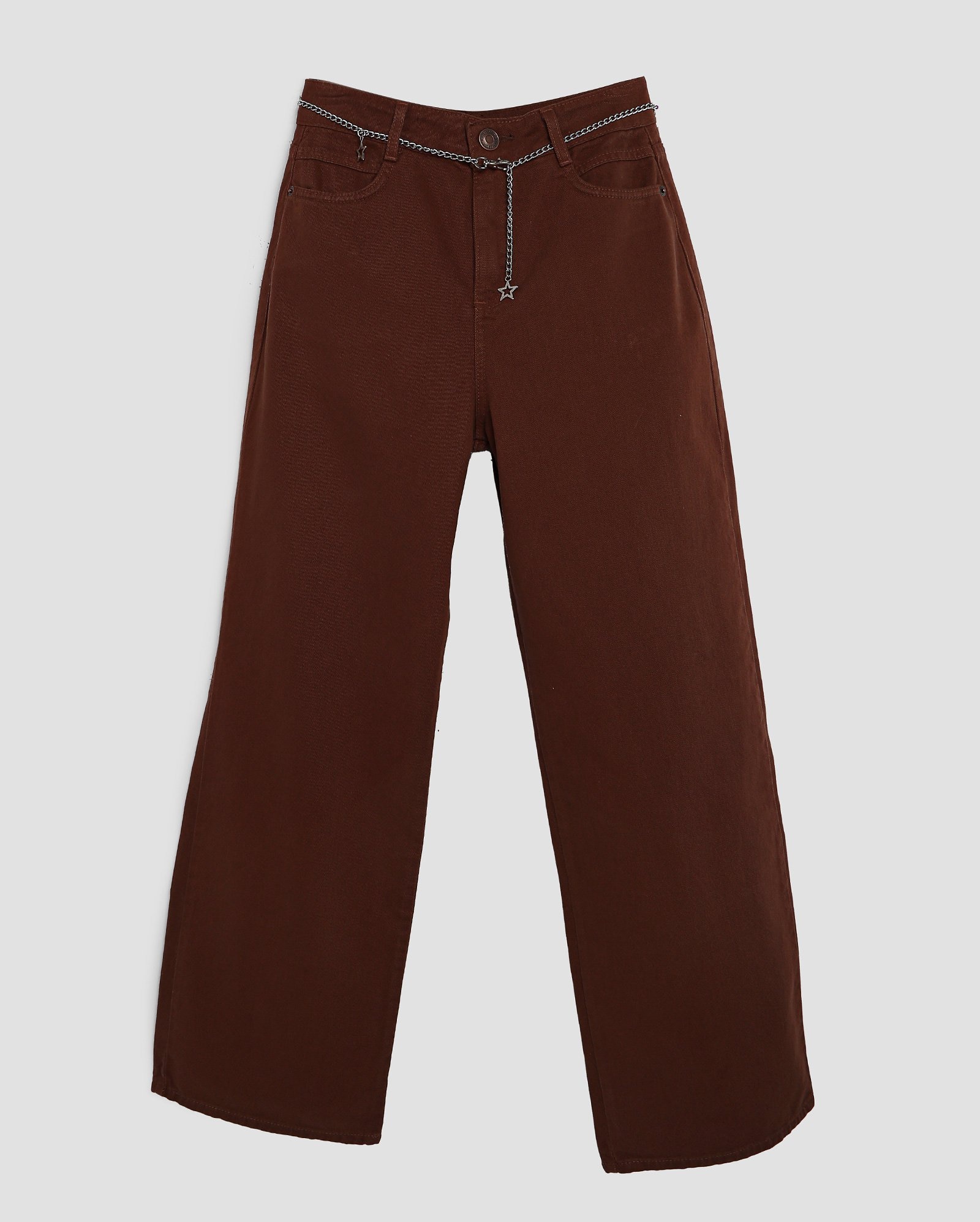 Calça sarja juvenil wide leg com cinto corrente estrela marrom | Pool