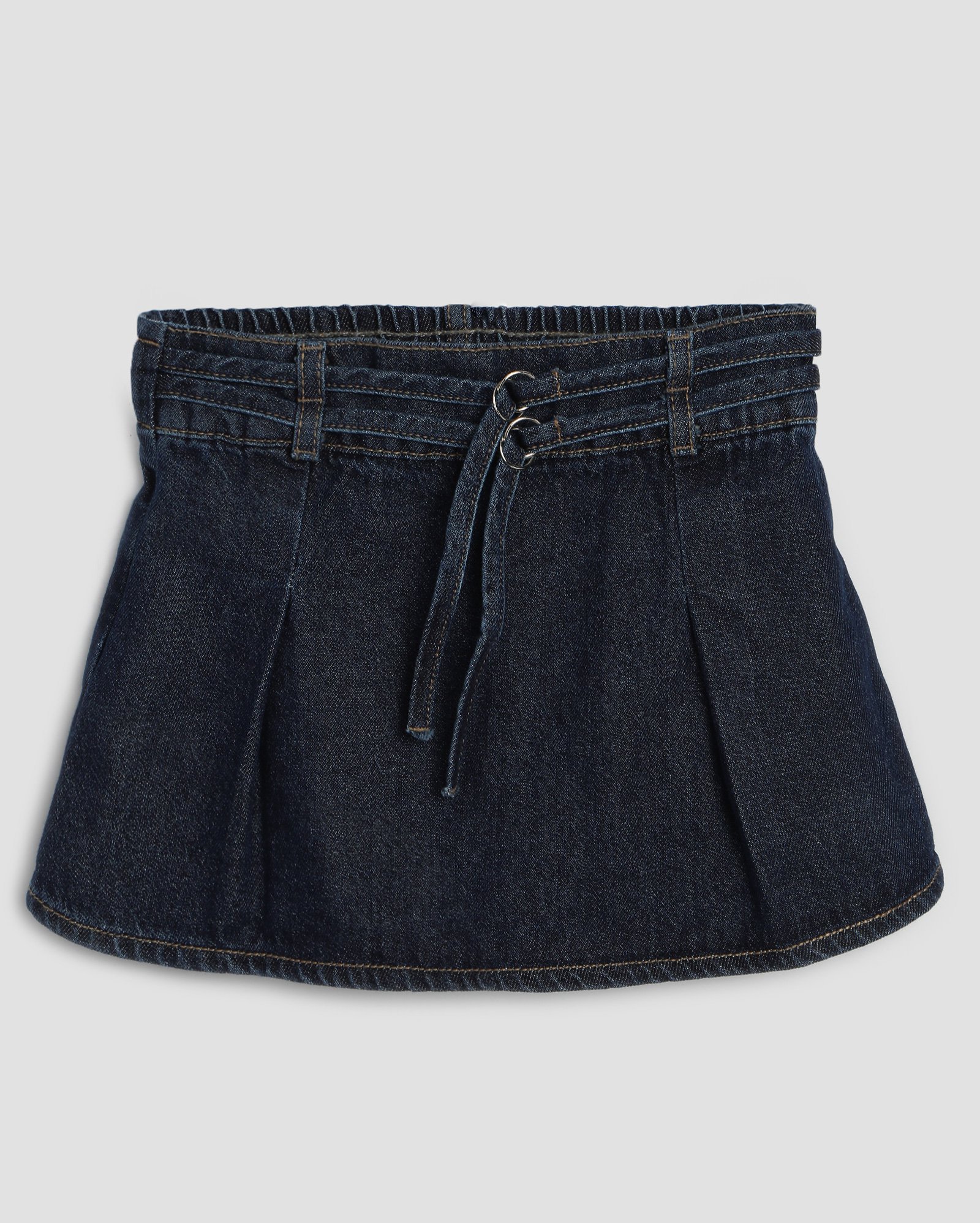 Short-saia jeans infantil pregas com cinto duplo 4-10A denim escuro | Pool Kids