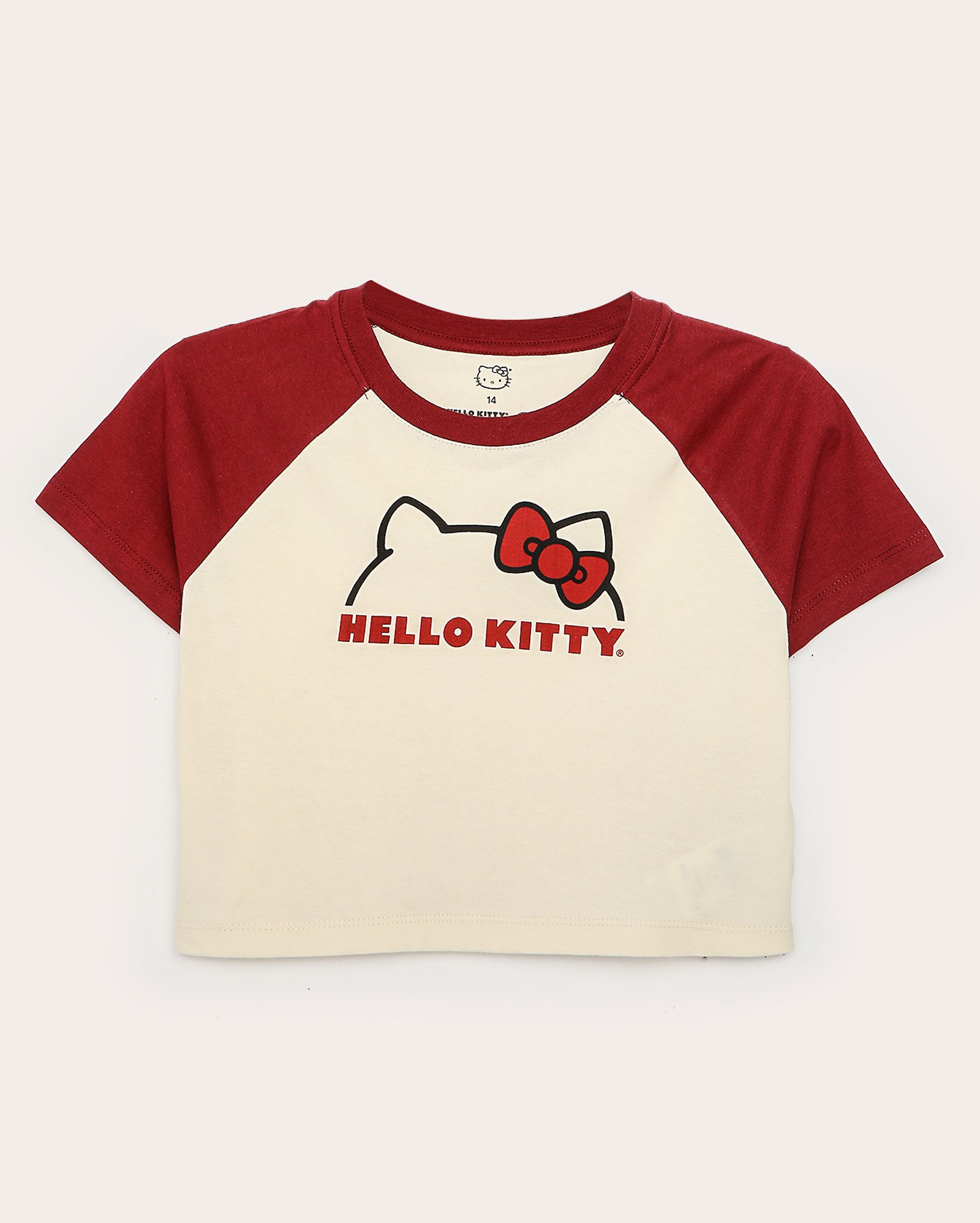 Camiseta cropped juvenil manga curta raglan Hello Kitty bege | Sanrio