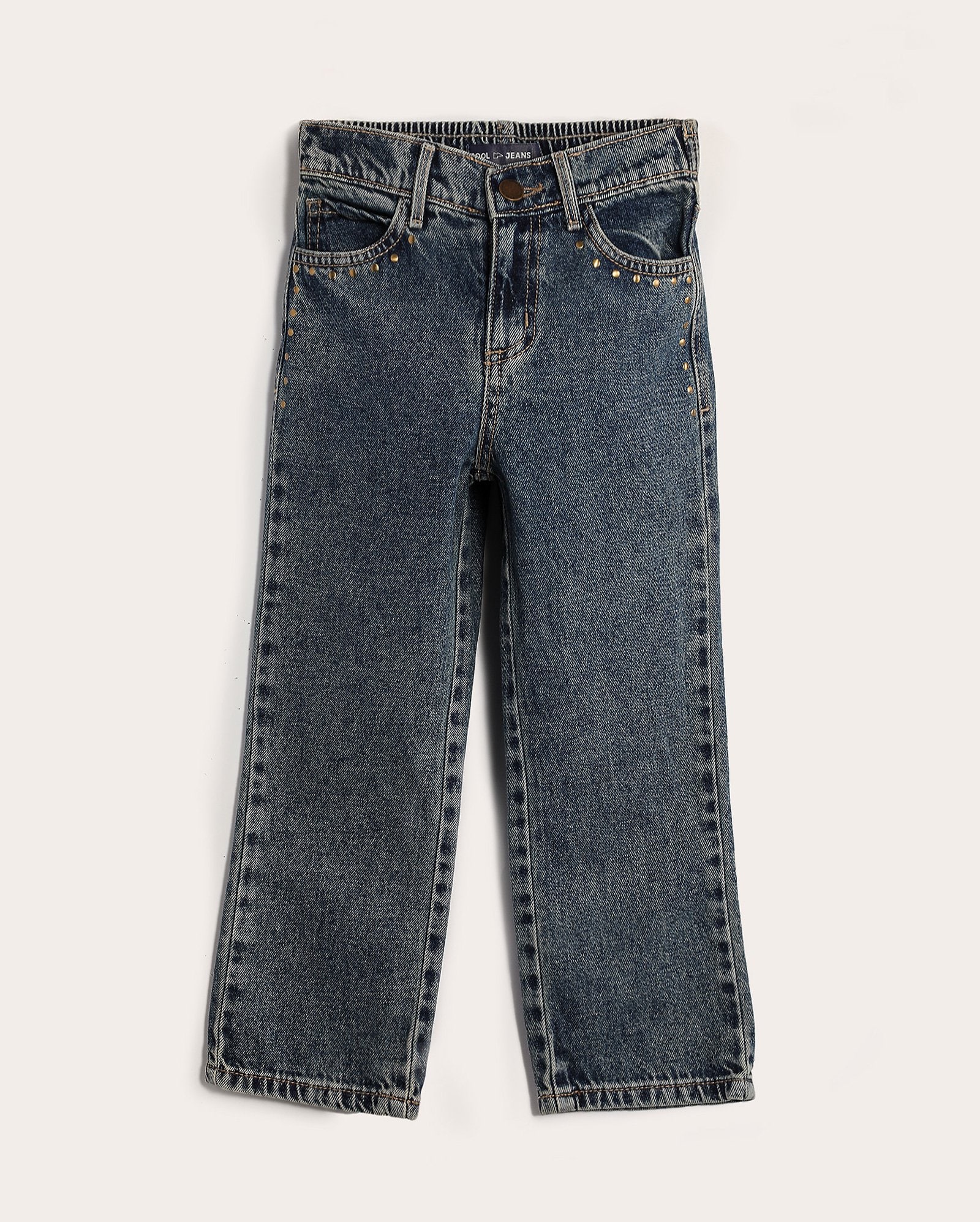 Calça jeans infantil reta estonada com tachas 4-10A denim escuro