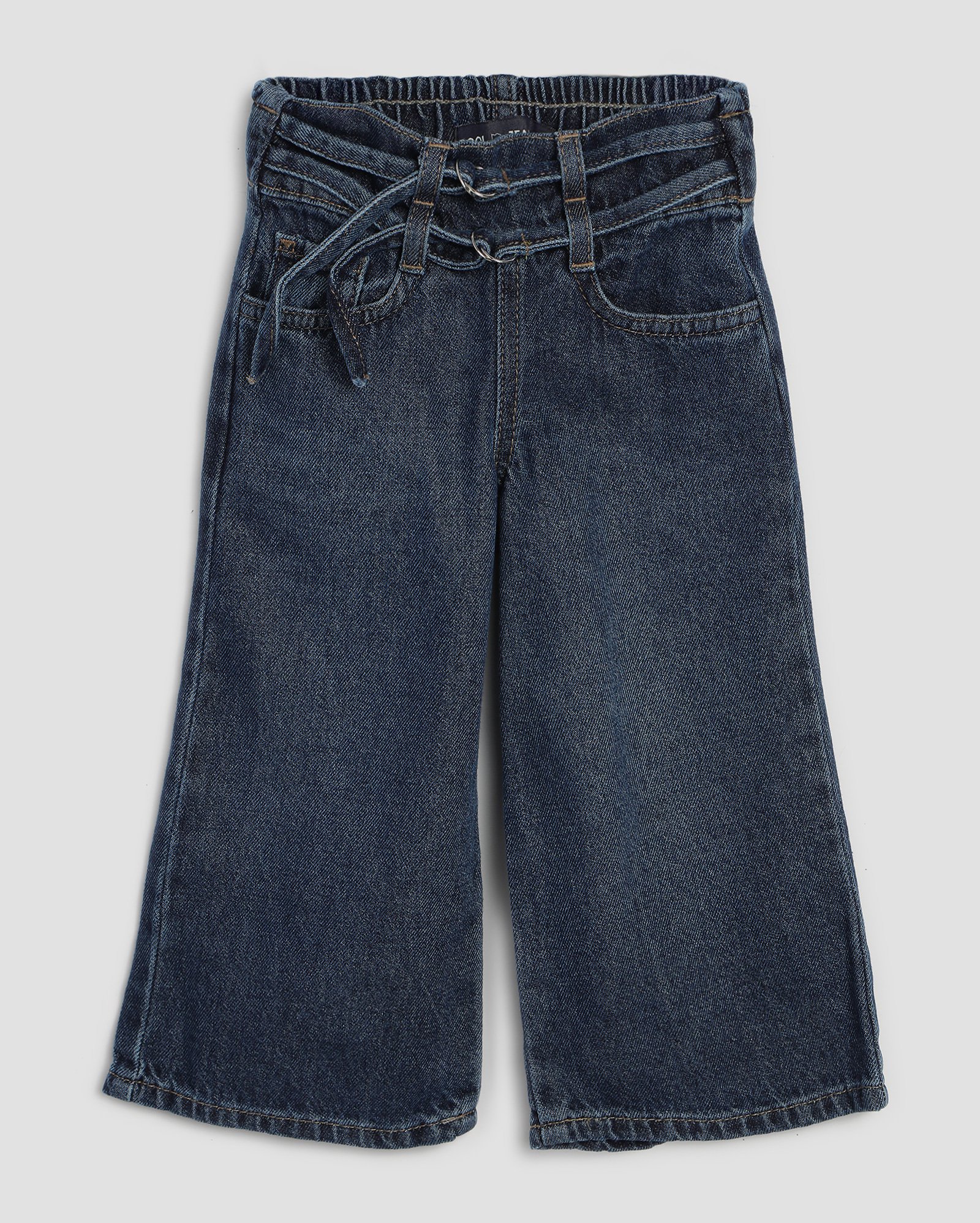 Calça jeans infantil wide leg com cinto duplo 1-4A denim escuro | Pool Kids