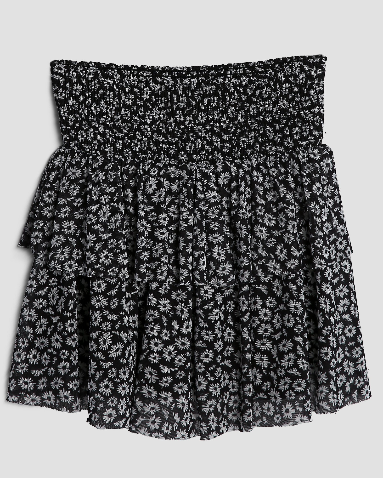 Saia curta juvenil evasê tule em camadas floral liberty - Preto | Pool