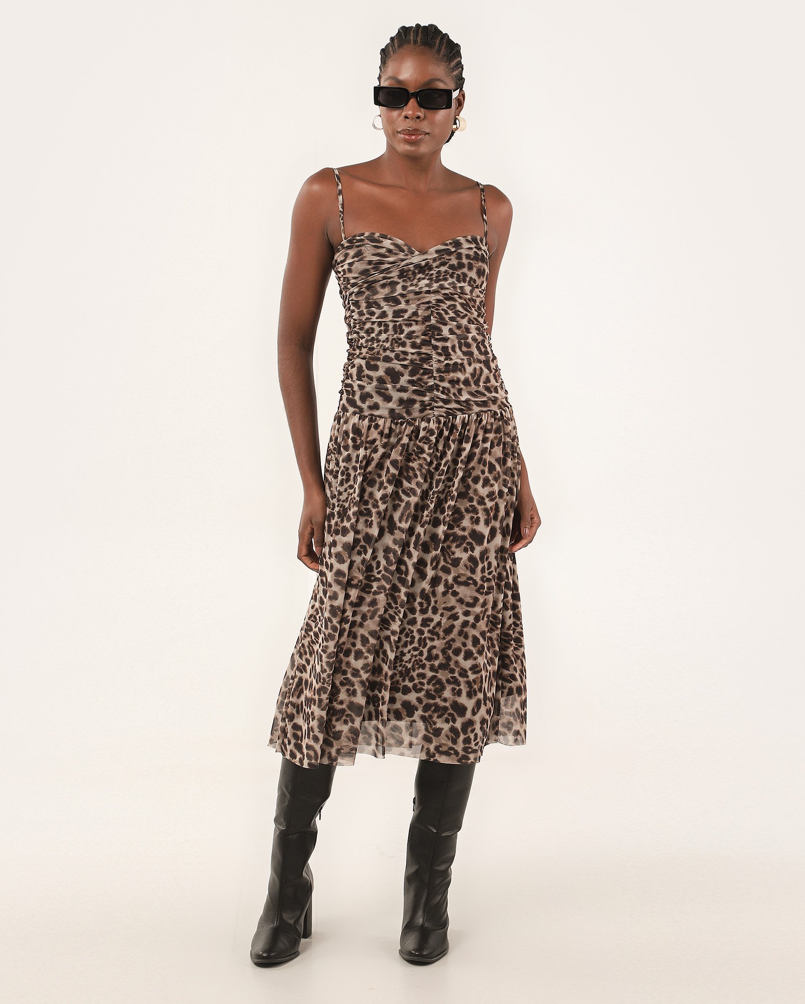 Vestido midi godê em tule cintura baixa onça marrom | AK by Riachuelo