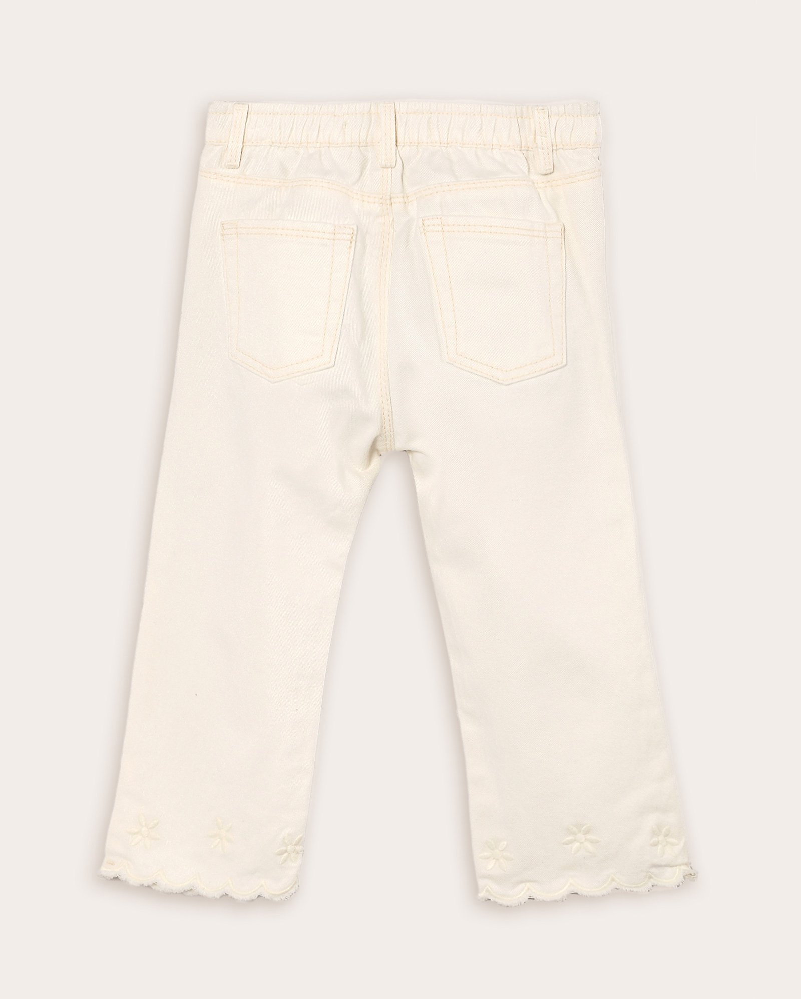 Calça sarja infantil reta com barra bordada 1-4A off-white | Pool Kids