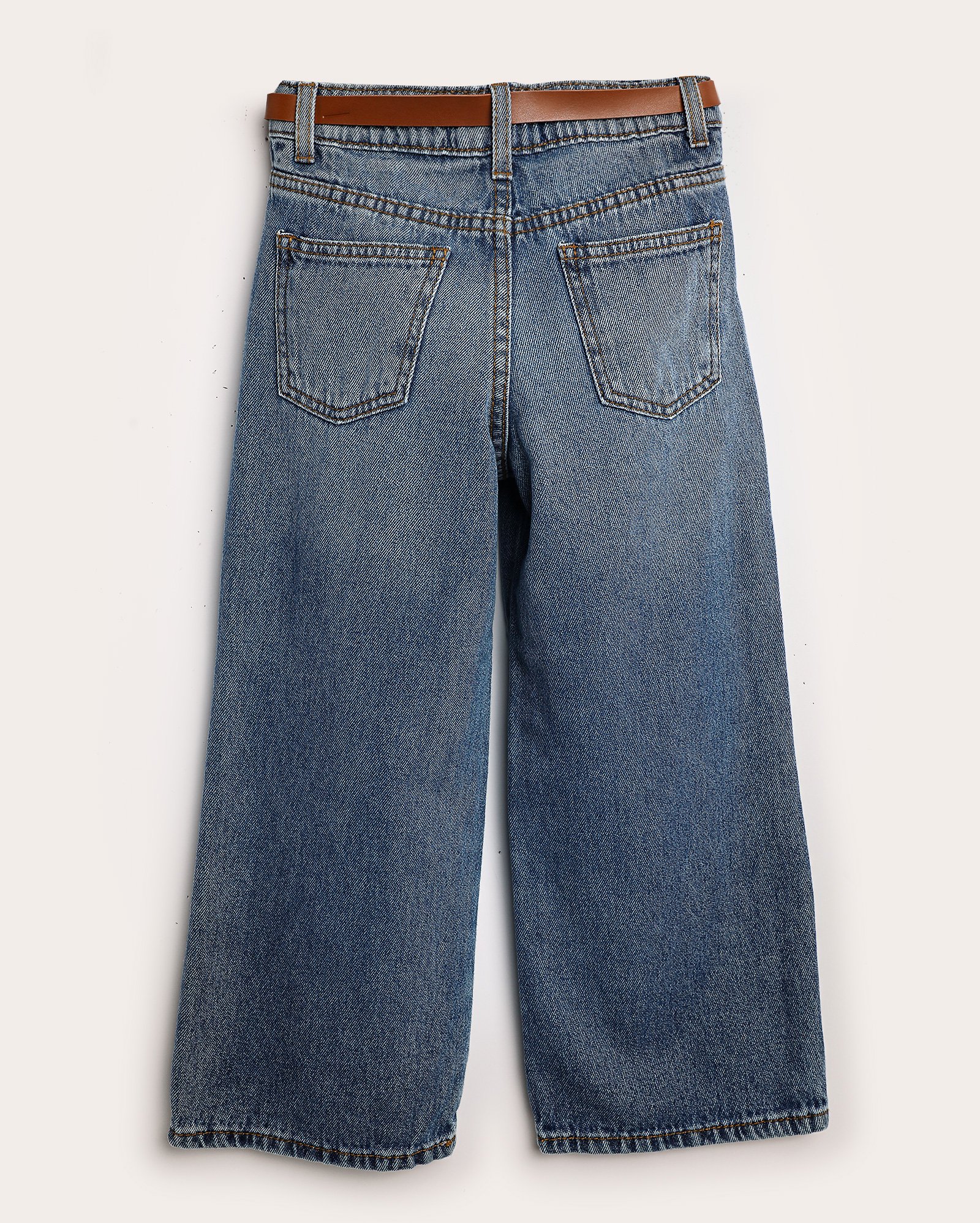 Calça jeans infantil wide leg com cinto fivela 4-10A denim médio | Pool Kids