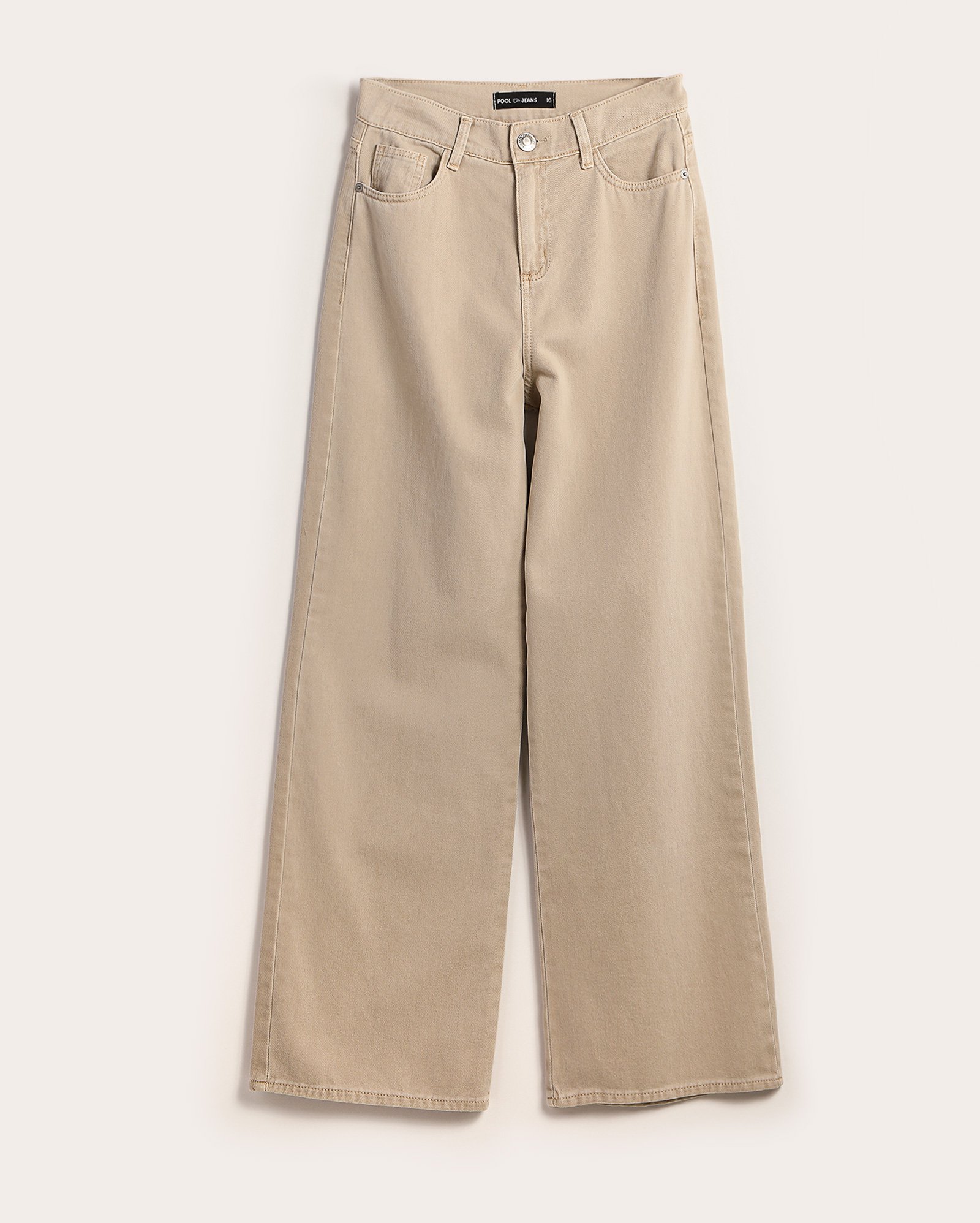 Calça sarja juvenil wide leg cintura alta com passantes bege | Pool