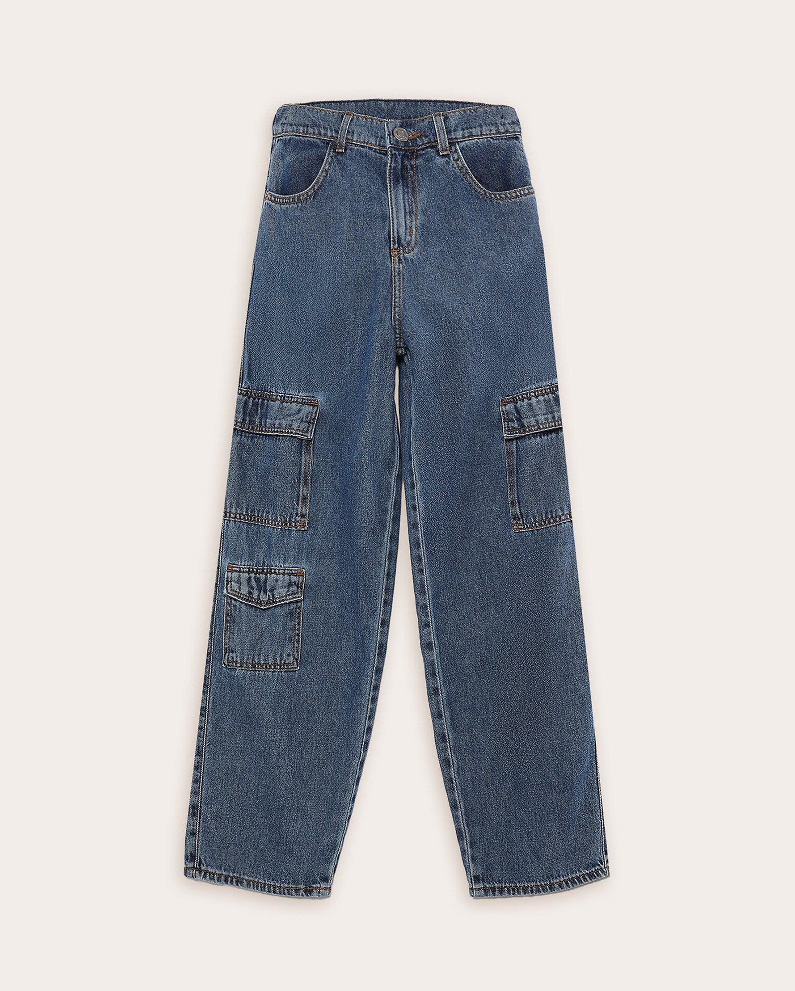 Calça jeans juvenil baggy bolsos cargo denim escuro | Pool