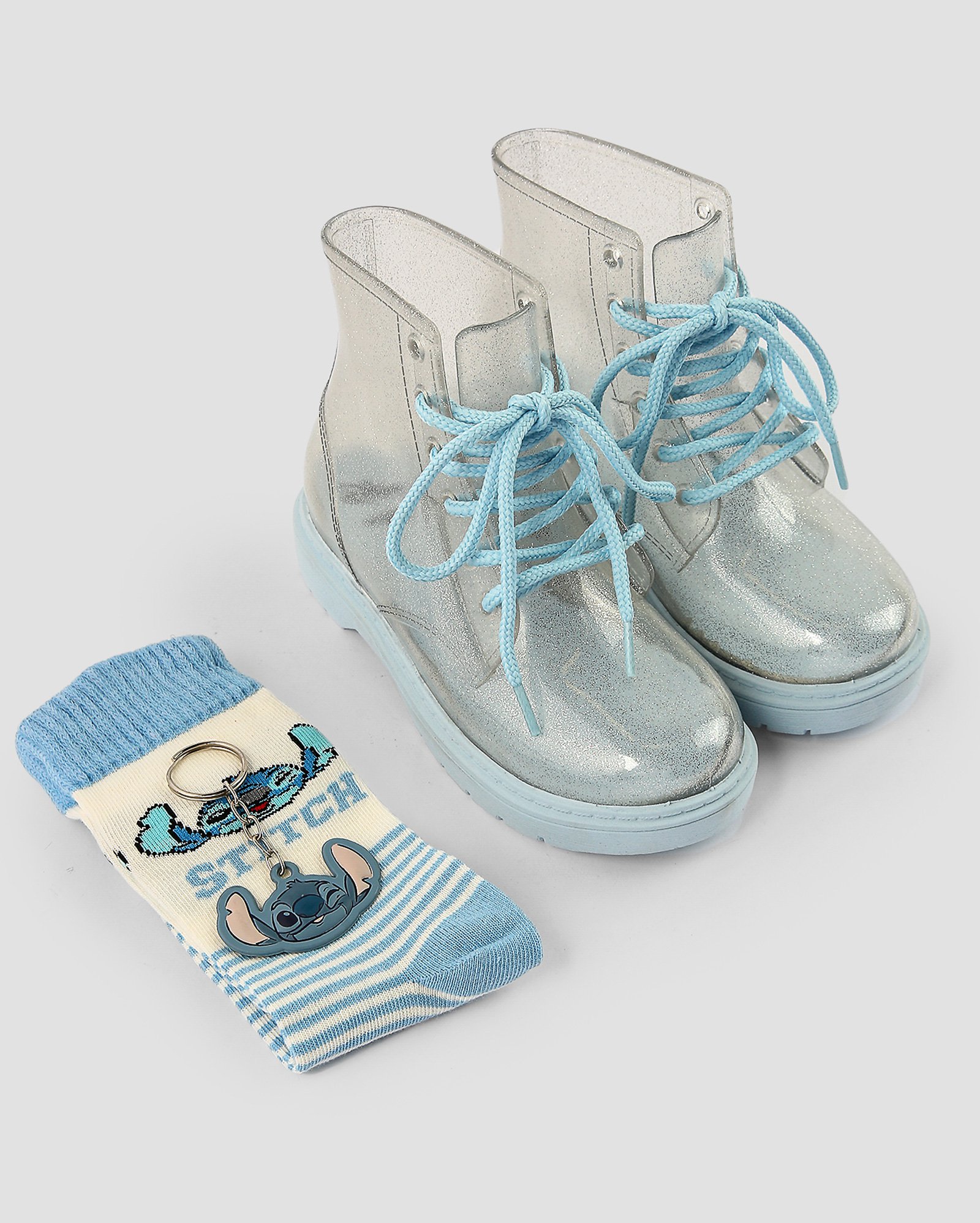 Bota galocha infantil com chaveiro + meia listrada Stitch azul | Disney