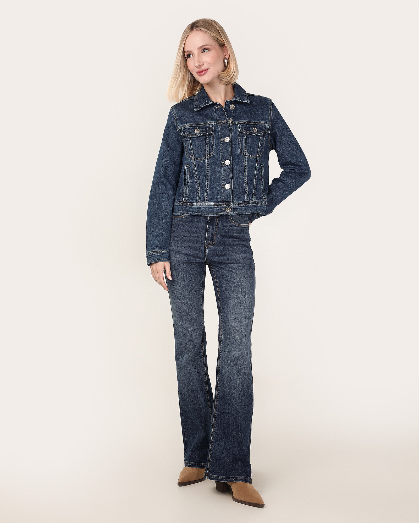 Calça jeans feminina bootcut cintura alta thermorecover denim escuro | Pool Jeans Premium