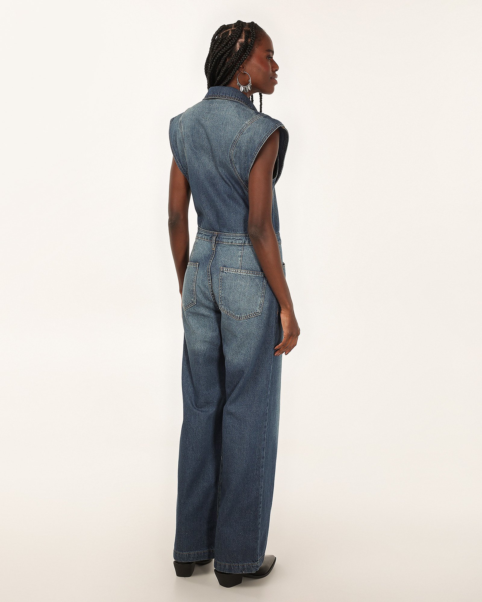 Macacão jeans feminino muscle tee estonado denim médio | Pool Jeans