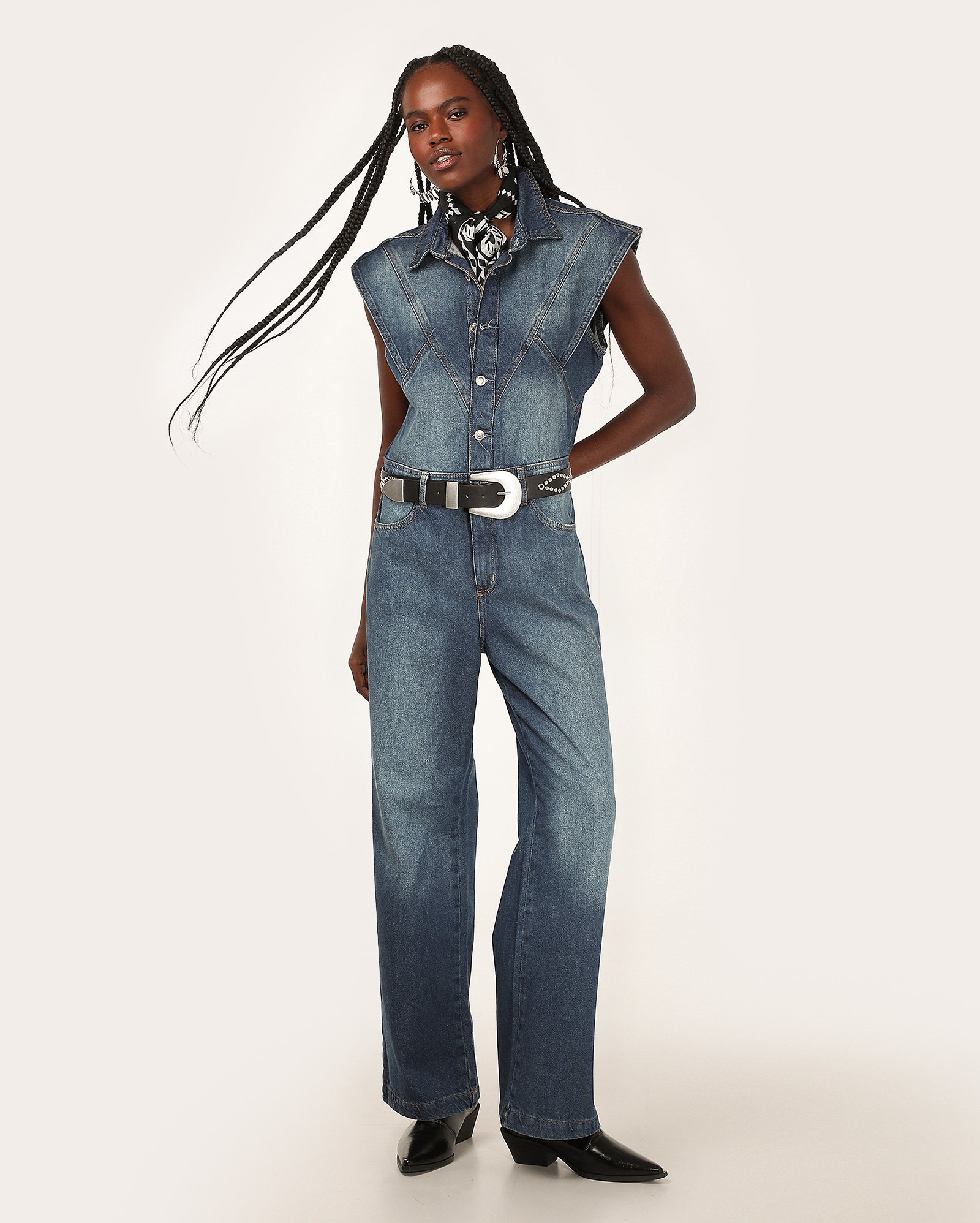 Macacão jeans feminino muscle tee estonado denim médio | Pool Jeans