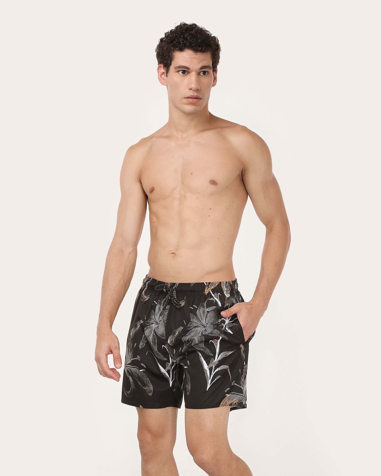 Short água masculino cós elástico e cordão floral preto | Pool