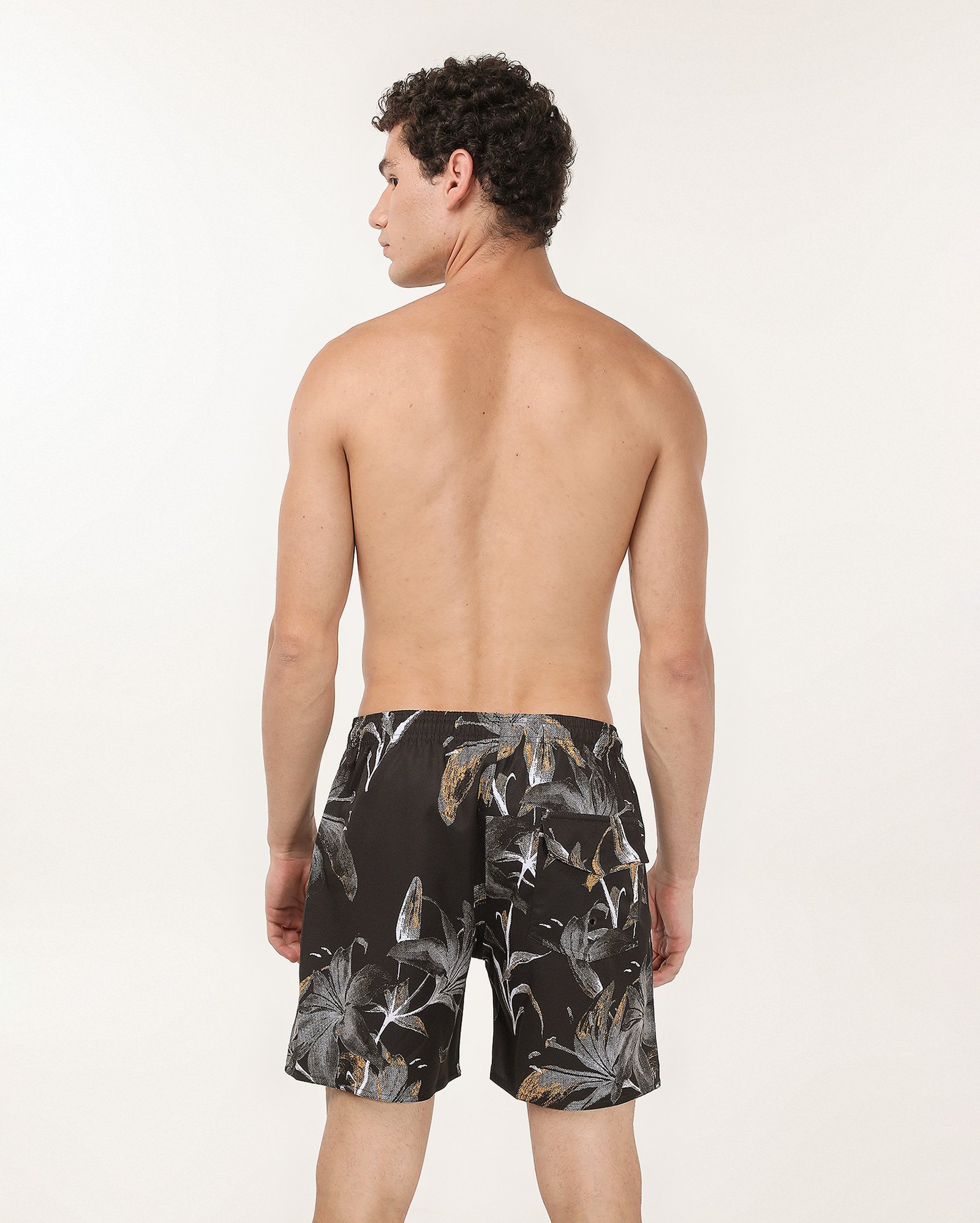 Short água masculino cós elástico e cordão floral preto | Pool