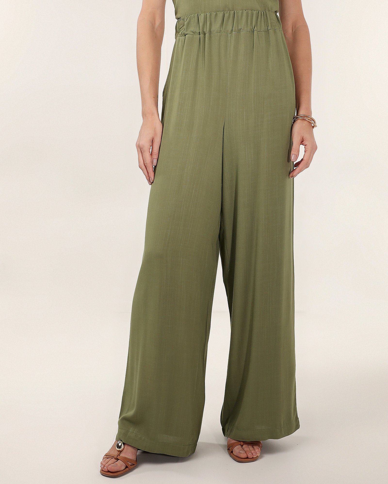 Calça feminina pantalona em viscose cós elástico - Verde | Pool Basics
