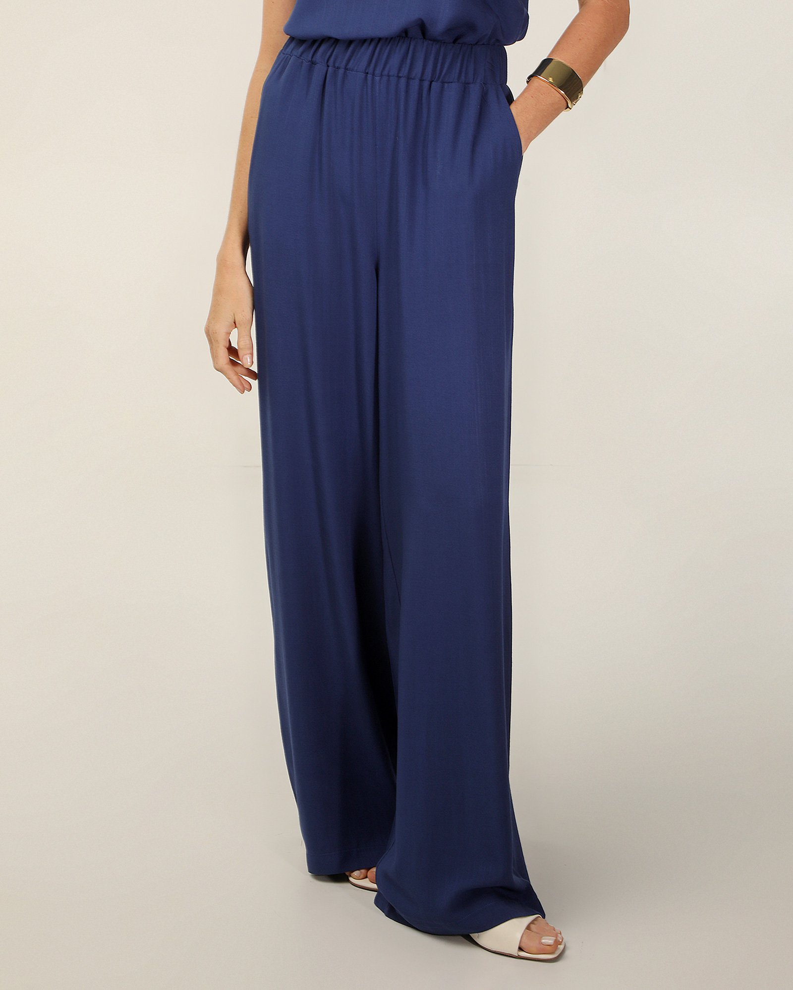 Calça feminina pantalona em viscose cós elástico - Azul Escuro | Pool Basics