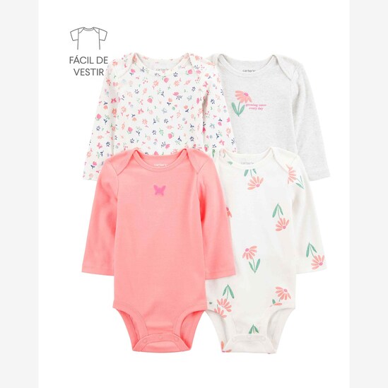 Kit body bebê 4 peças manga longa floral lettering multicor | Carter's
