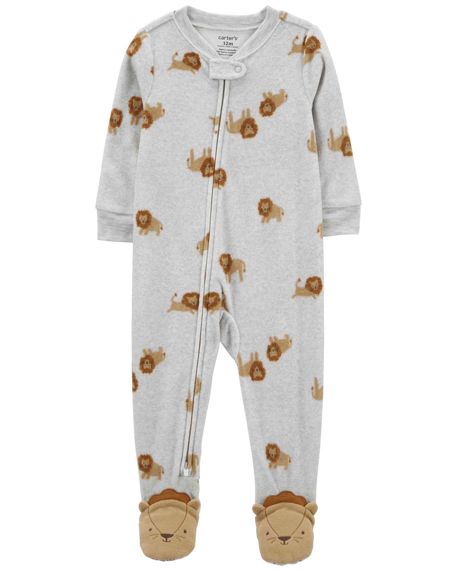 Macacão pijama infantil fleece pézinhos leão cinza | Carter's