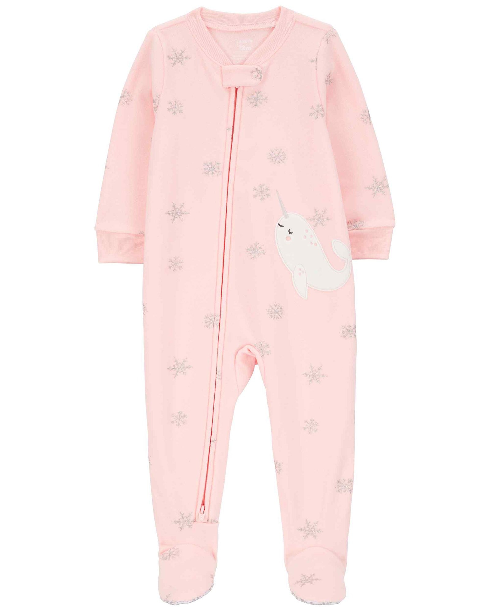 Macacão pijama infantil fleece pézinhos neve brilhosa narval rosa | Carter's