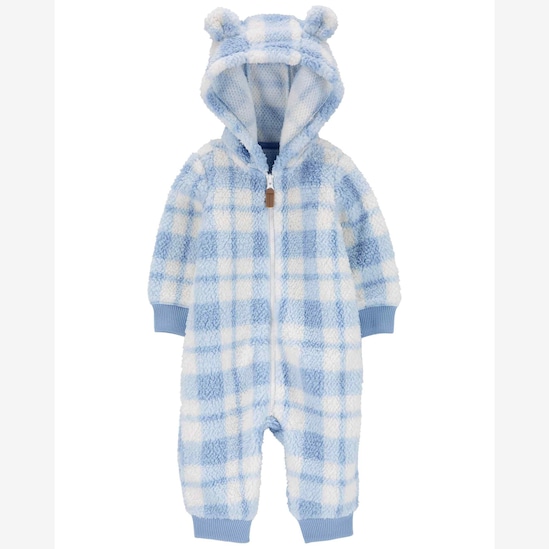 Macacão bebê sherpa com capuz xadrez azul | Carter's