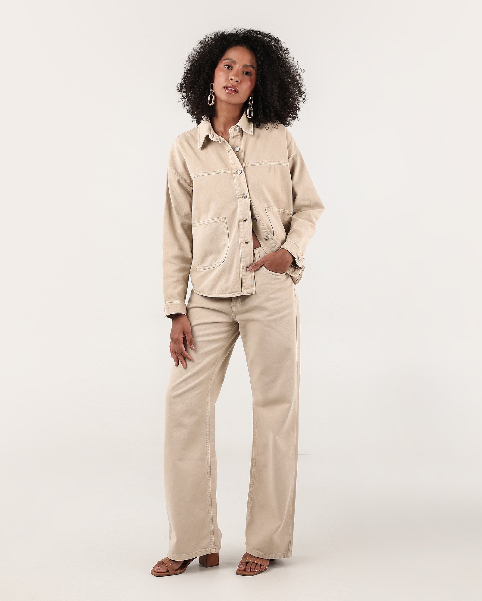 Calça sarja feminina wide leg cintura alta bege | Pool Jeans