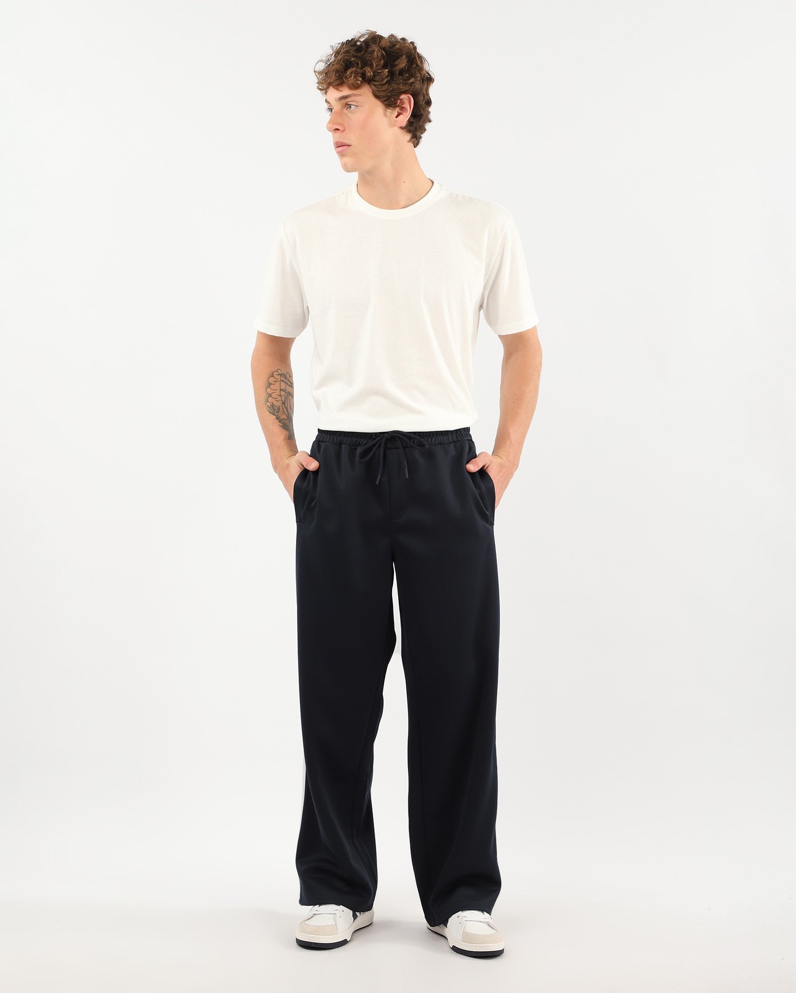 Calça masculina wide leg faixa lateral com cós elástico - Azul Escuro