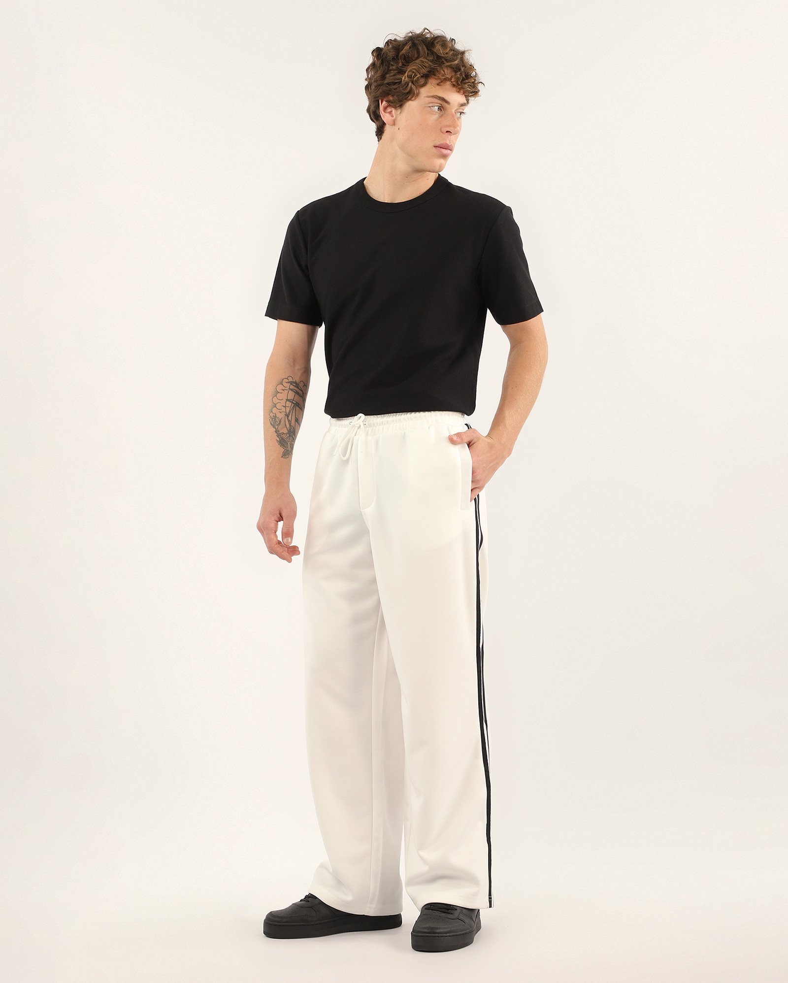 Calça masculina wide leg faixa lateral com cós elástico - Branco