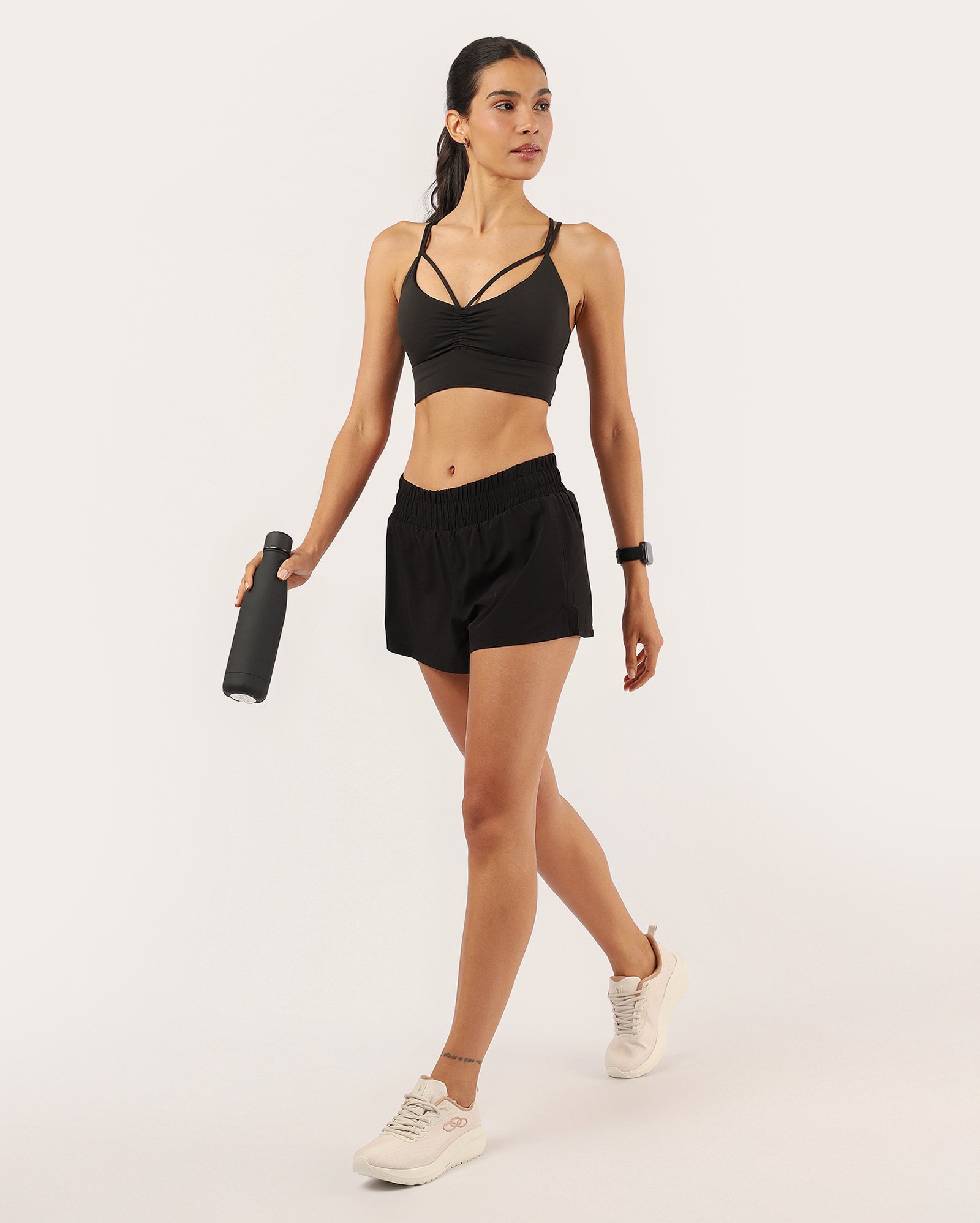 Top esportivo franzido alças duplas - Preto | Body Work