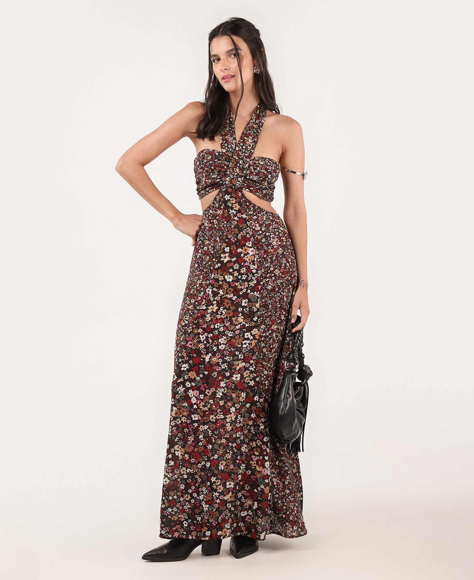 Vestido longo frente única em viscose liberty cut out preto | Pool