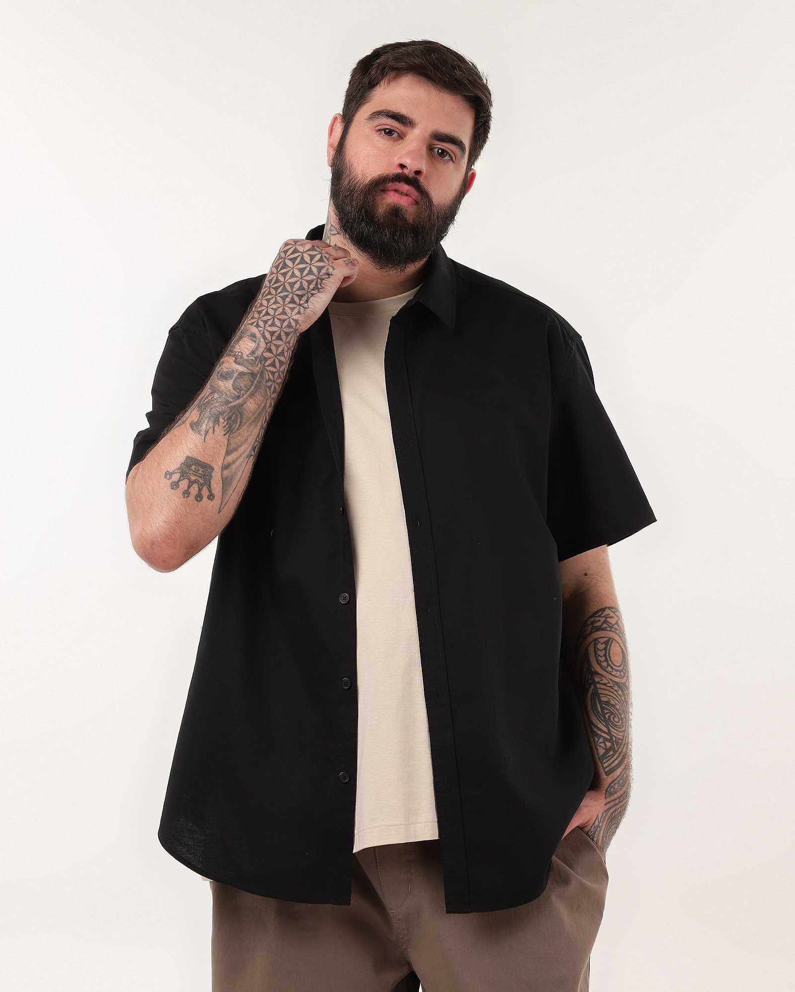 Camisa plus size masculina oxford manga curta - Preto | Original Plus by Riachuelo