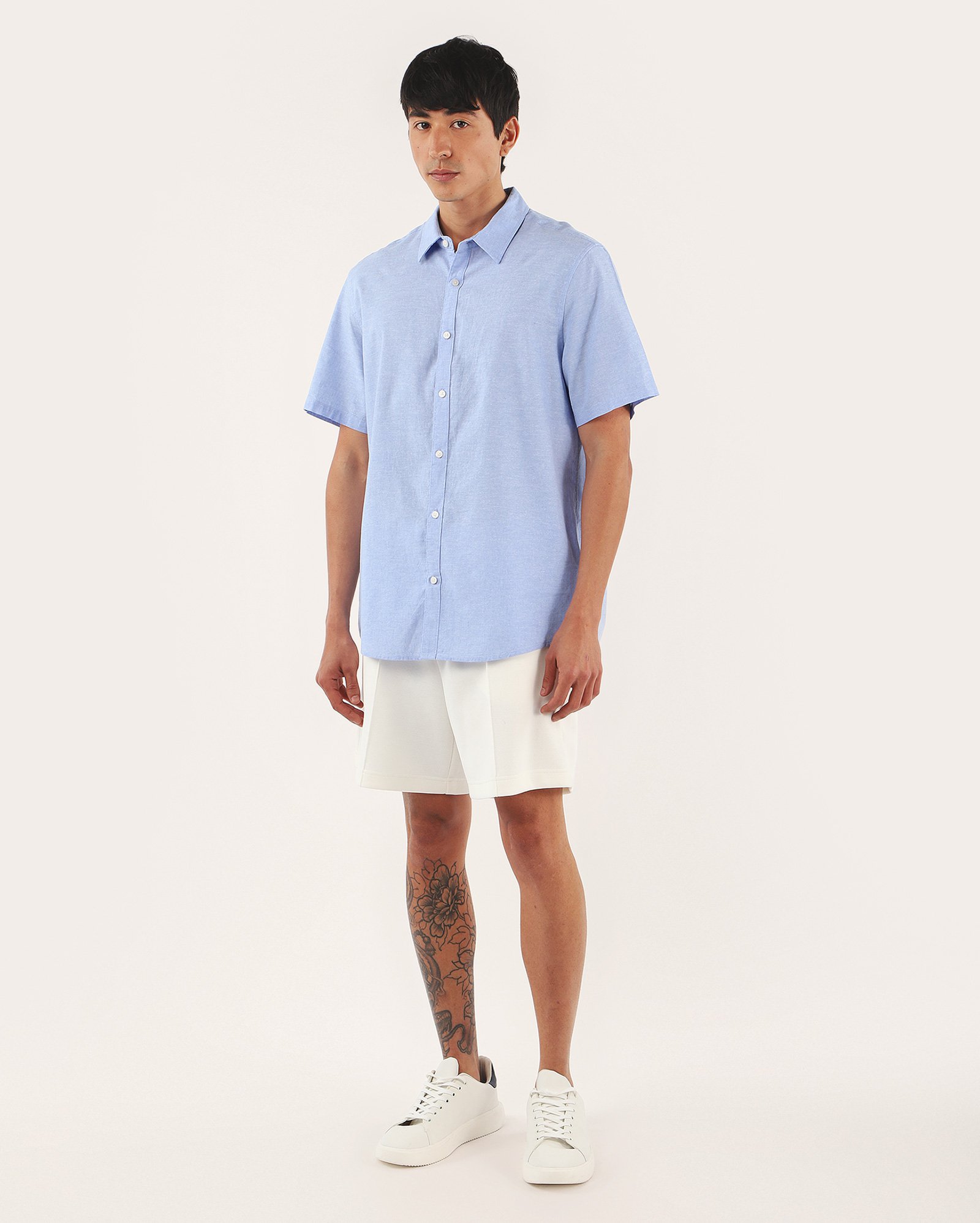Camisa masculina regular com linho manga curta - Azul Claro Mescla | Original