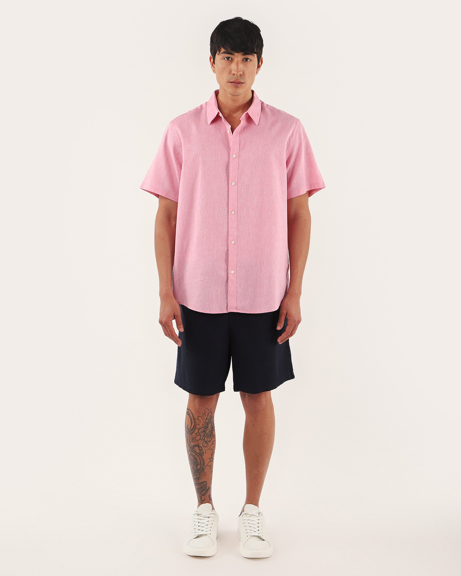 Camisa masculina regular com linho manga curta - Rosa Claro Mescla | Original