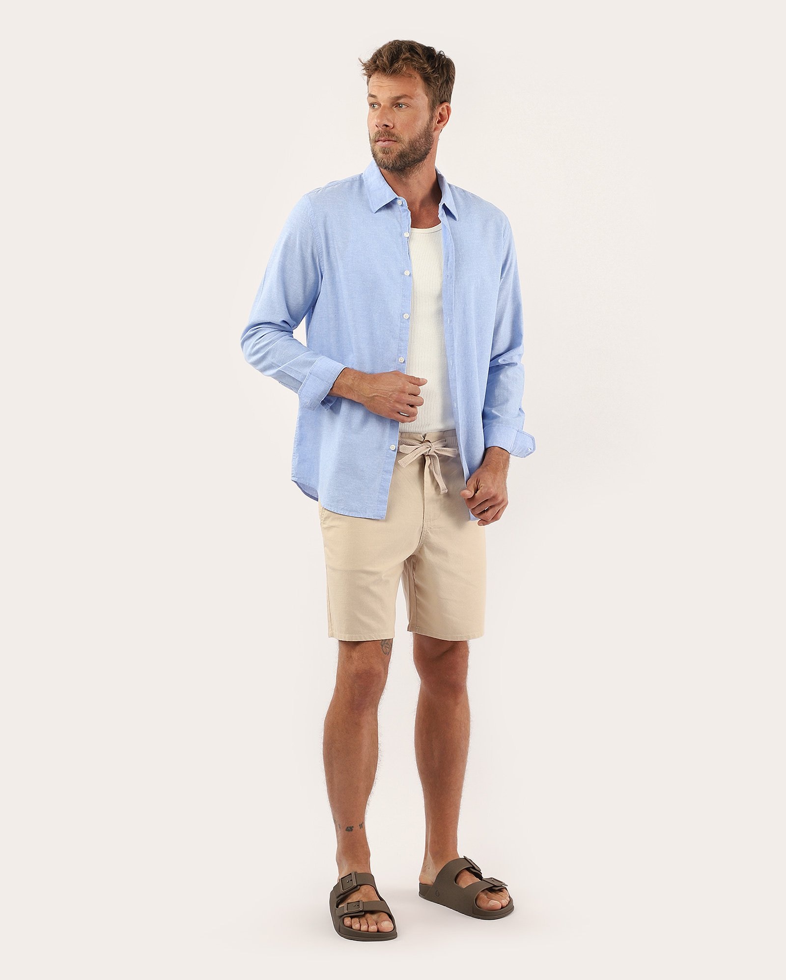 Camisa masculina regular com linho - Azul Mescla Claro