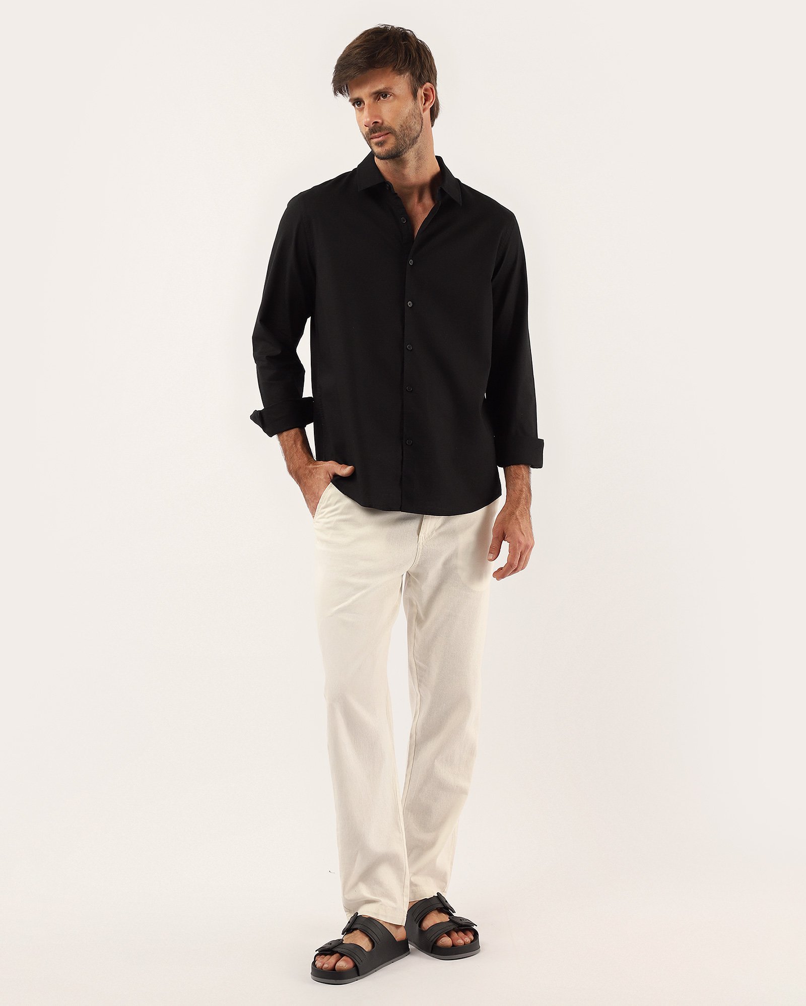 Camisa masculina regular com linho - Preto