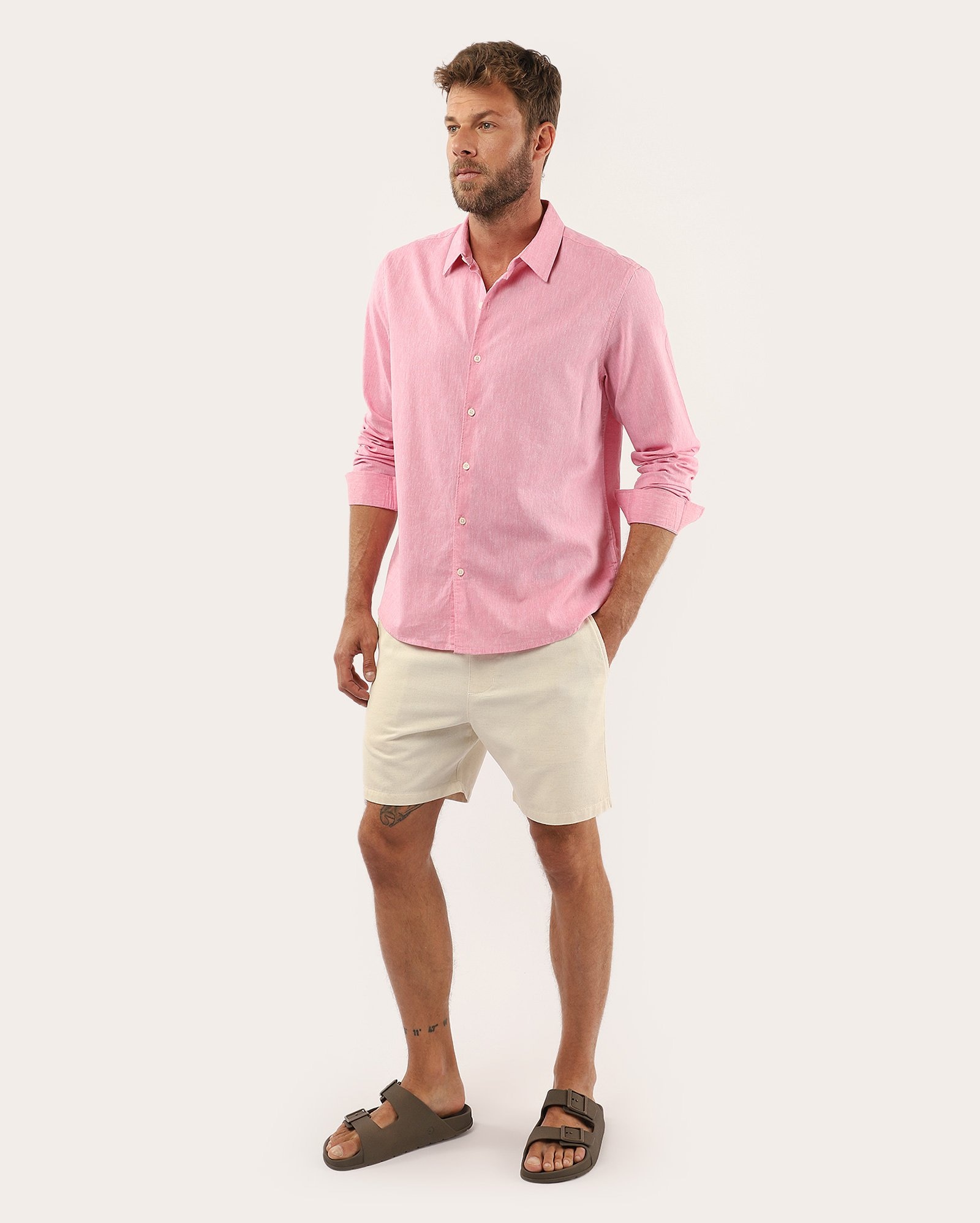 Camisa masculina regular com linho - Rosa Claro Mescla