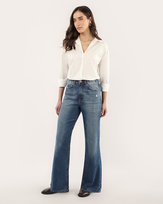 Calça jeans feminina wide slim cintura média