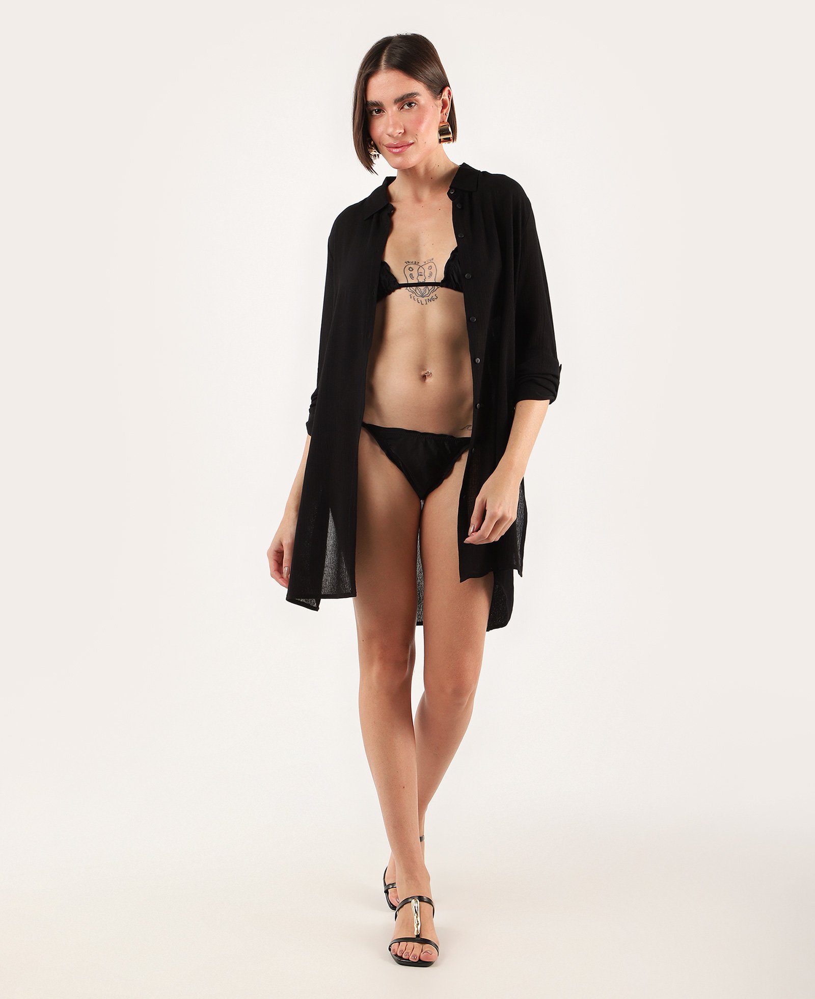 Saída de praia chemise curta viscose texturizada preta | Dript by Riachuelo