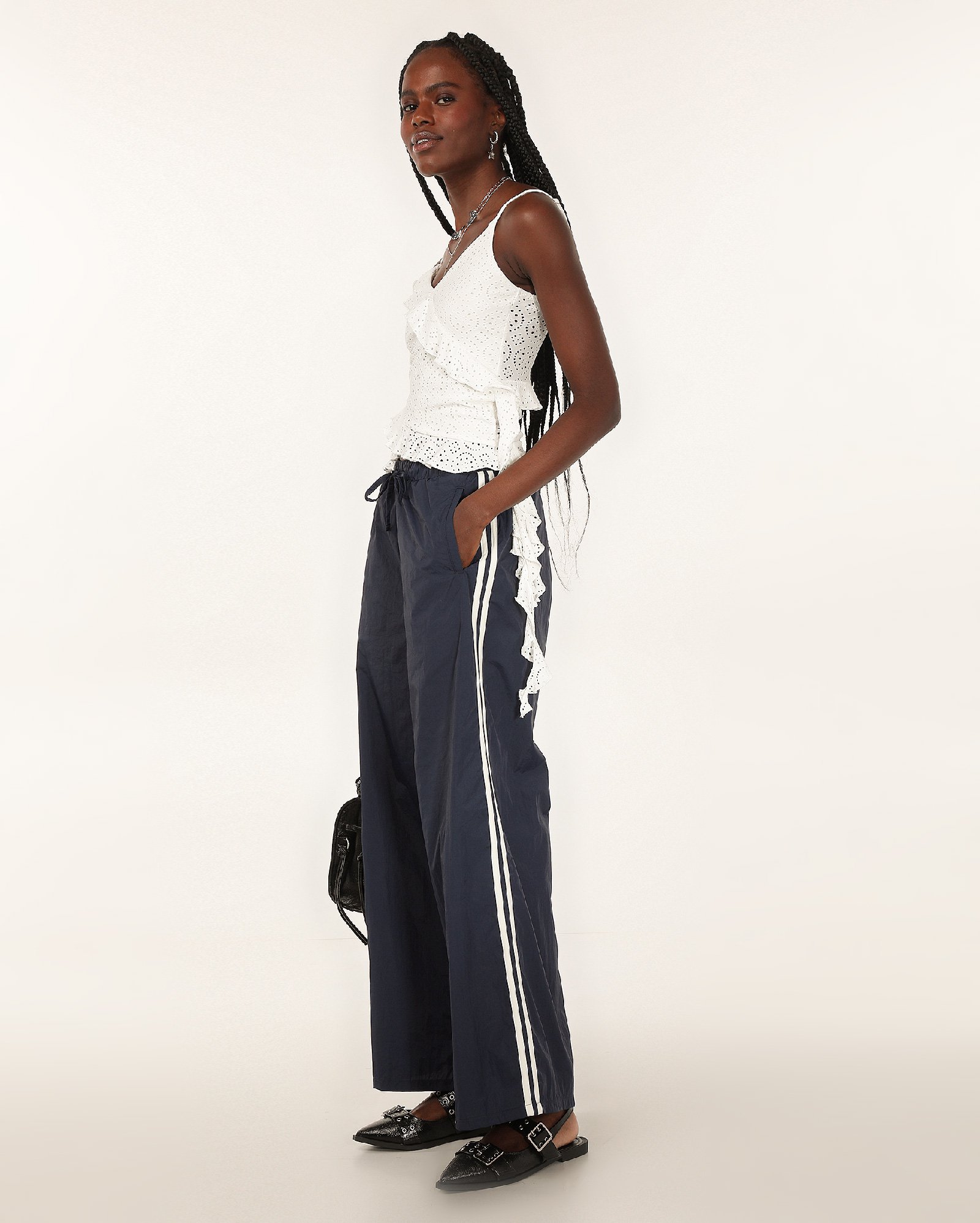 Calça feminina relaxed de poliamida com listra dupla - Azul Escuro | Pool