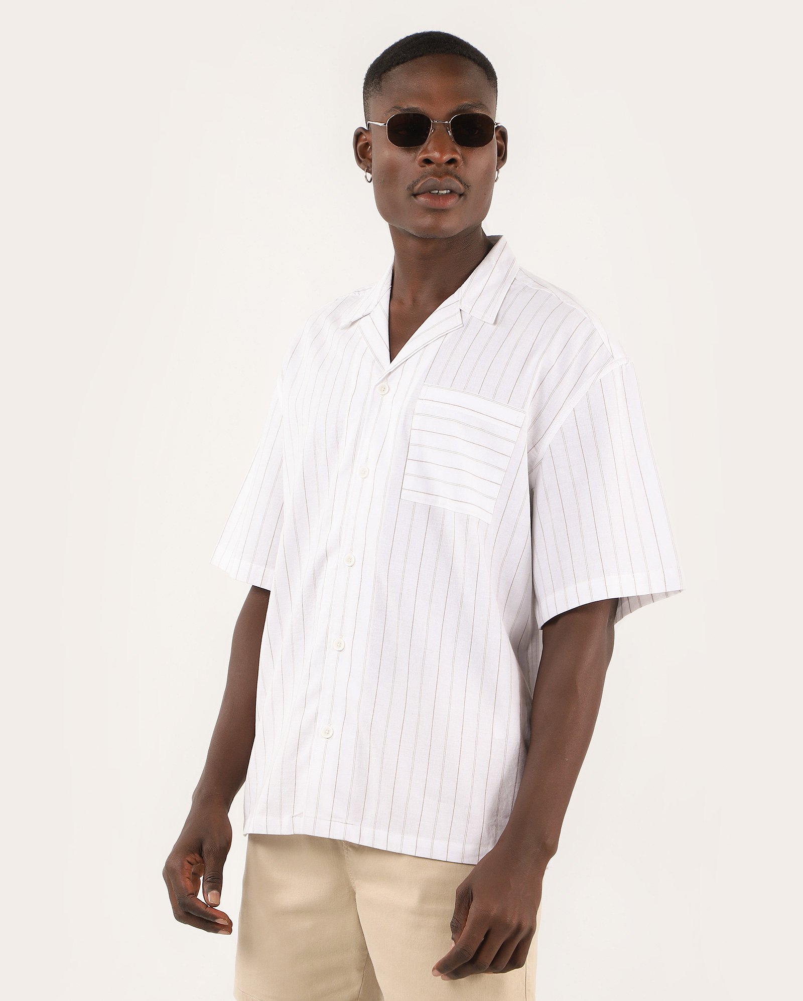 Camisa masculina bowling com bolso listrada branca | Pool