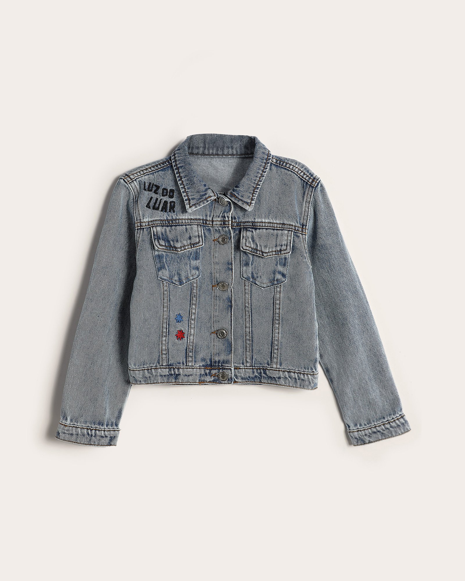 Jaqueta jeans infantil bordada pássaro 2-10A denim claro | Ceramiquinho + Riachuelo