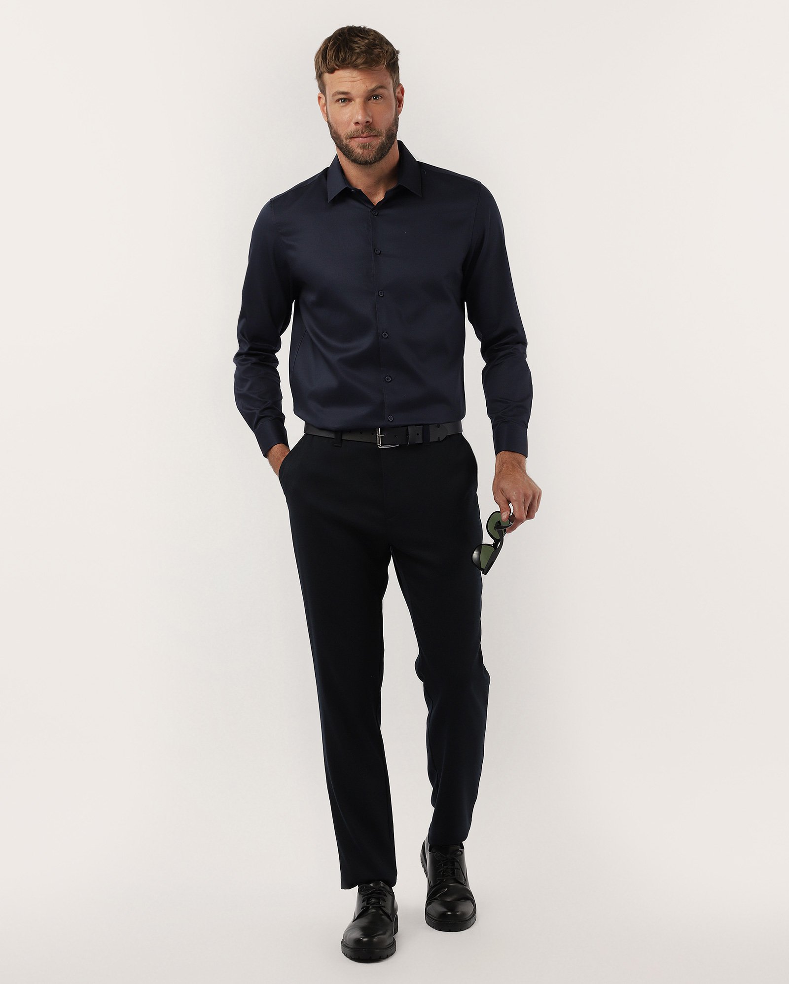 Camisa social masculina em algodão texturizada - Azul-marinho | Original