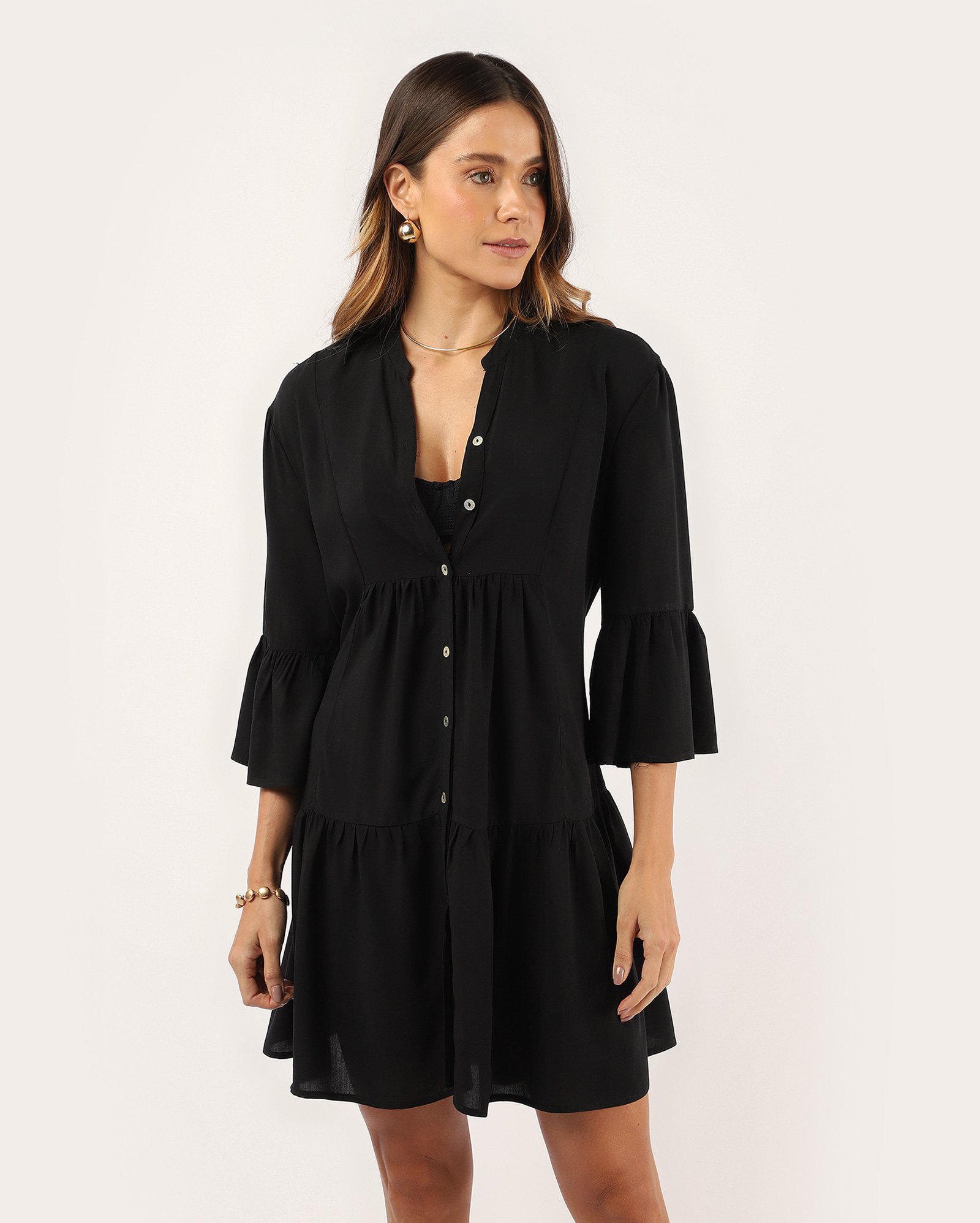 Saída de praia chemise curta em viscose - preta